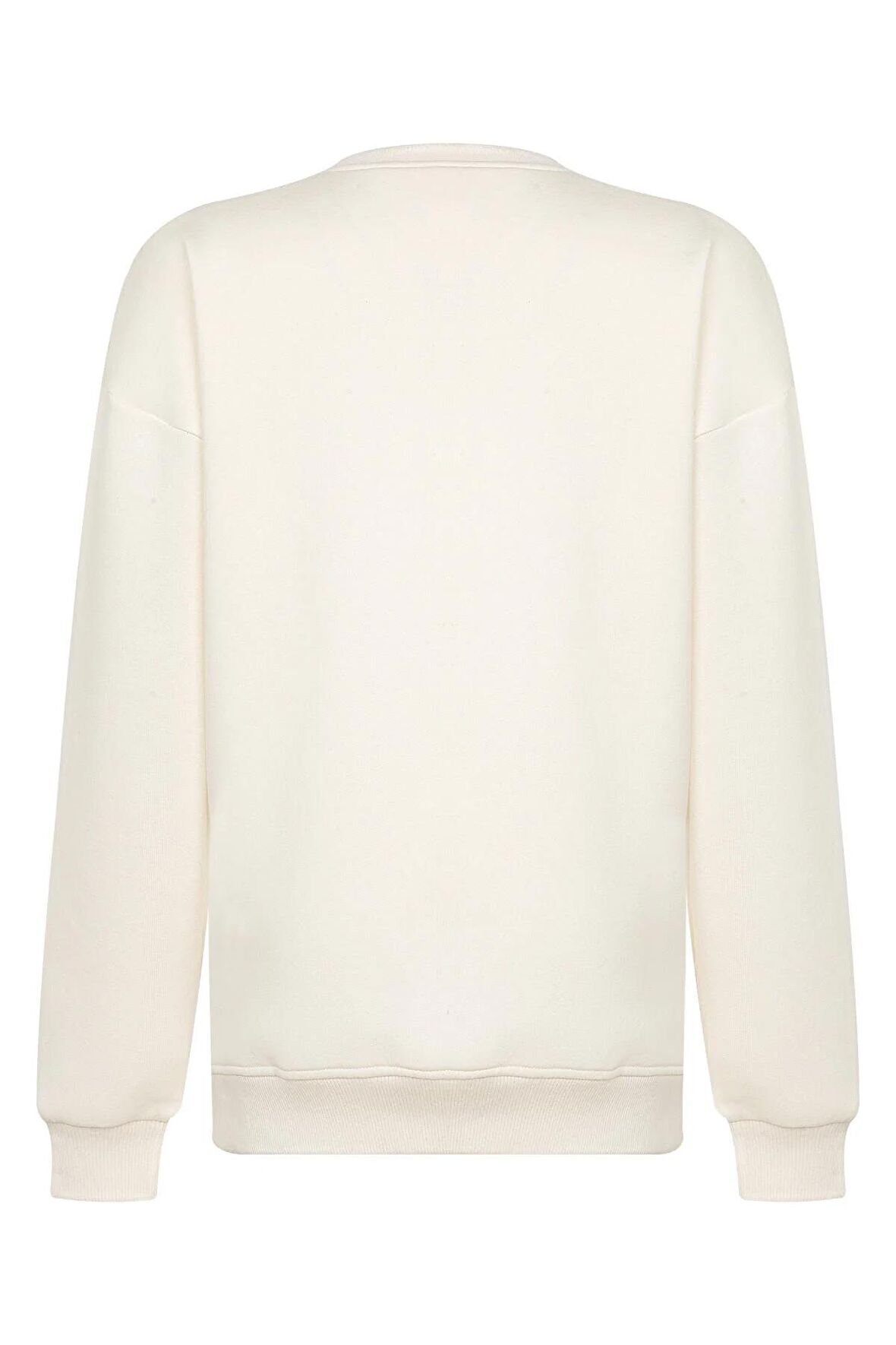 Oversize Ekru Yırtmaç Detaylı Pamuklu Basic Unisex Bisiklet Yaka Kalın Düz Baskısız Sweatshirt