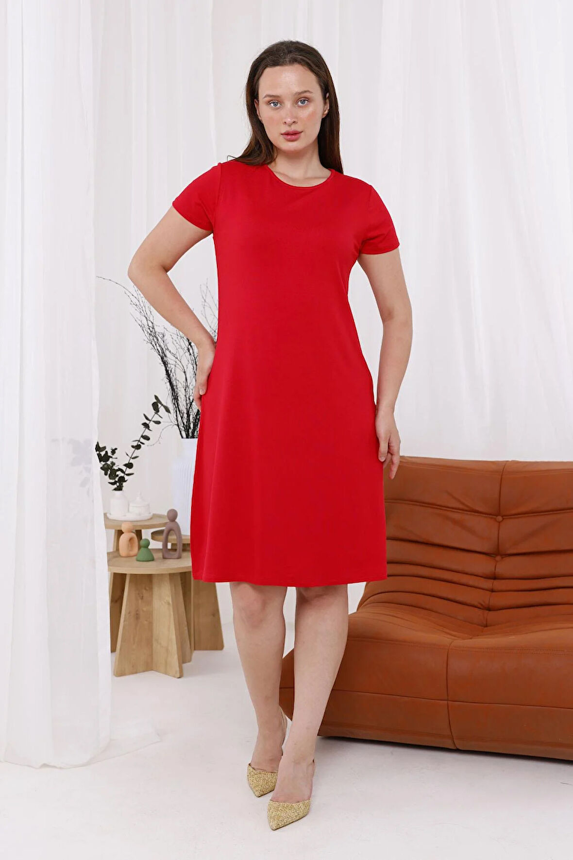 Kadın Kırmızı Büyük Beden Esnek Midi Elbise