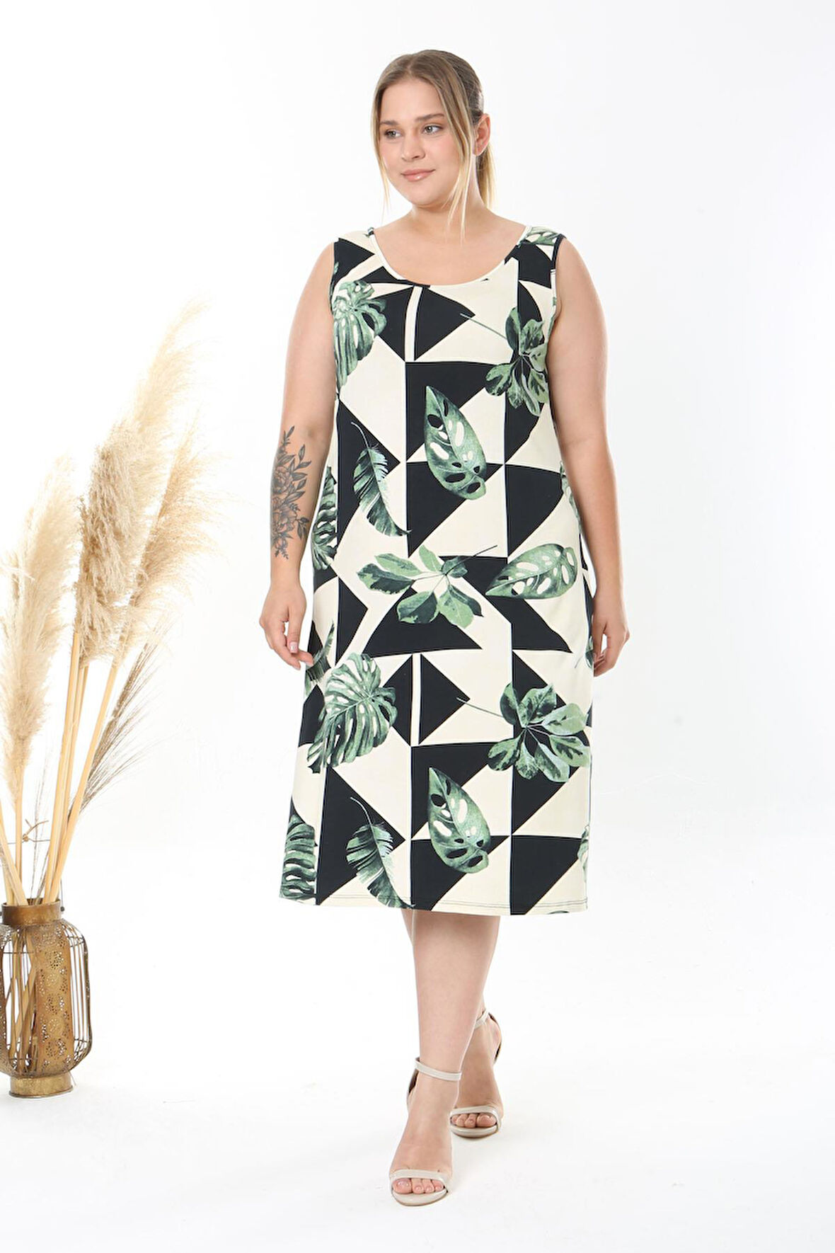 Kadın Yeşil Monstera Desen Askılı Büyük Beden Elbise