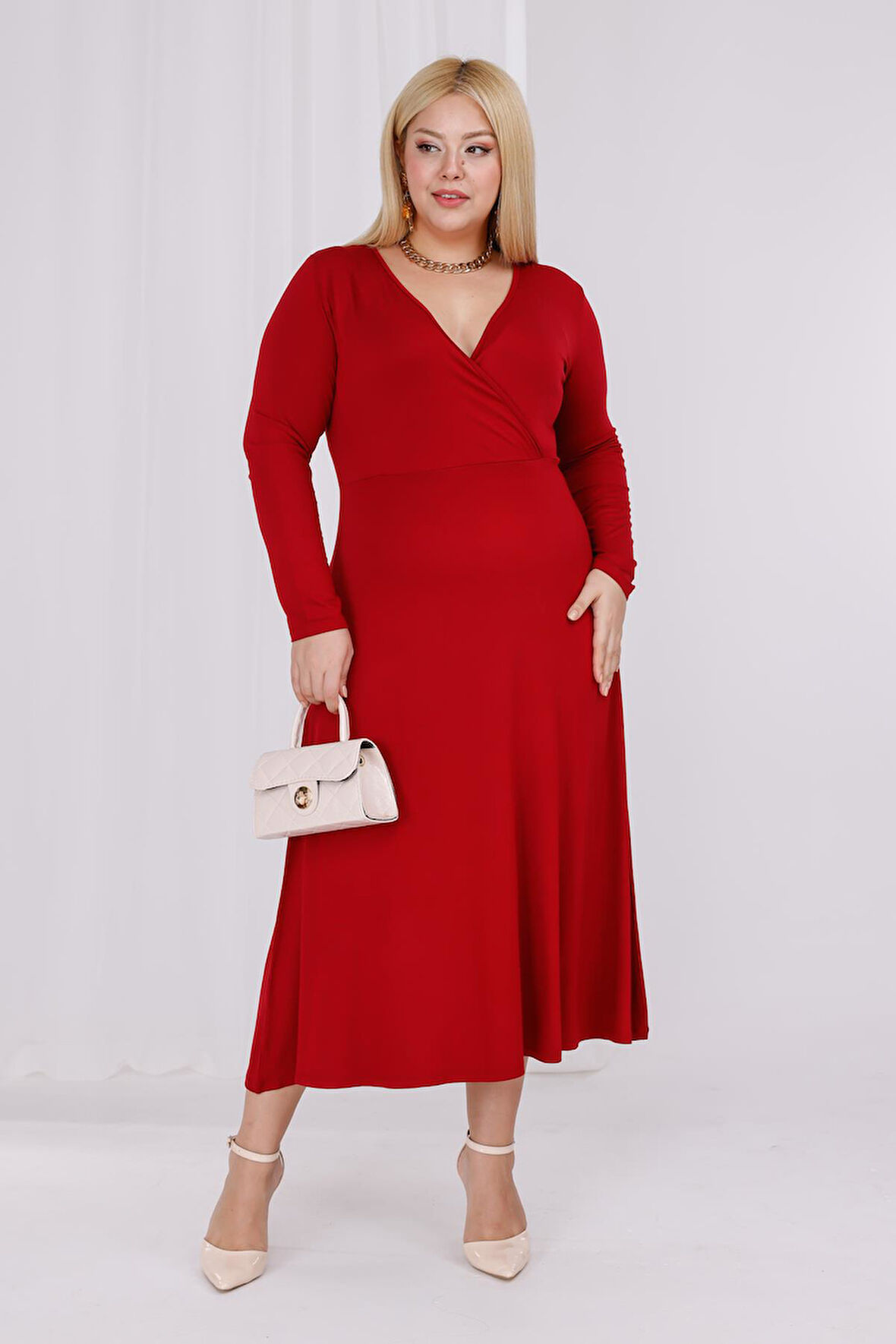 Kadın Bordo Kruvaze Yaka Büyük Beden Esnek Maxi Elbise