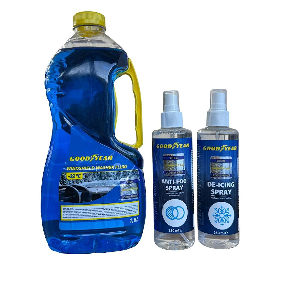 “Goodyear Araç Bakım Seti (Cam Suyu 1.8L + Buğu Önleyici + Buz Çözücü)”