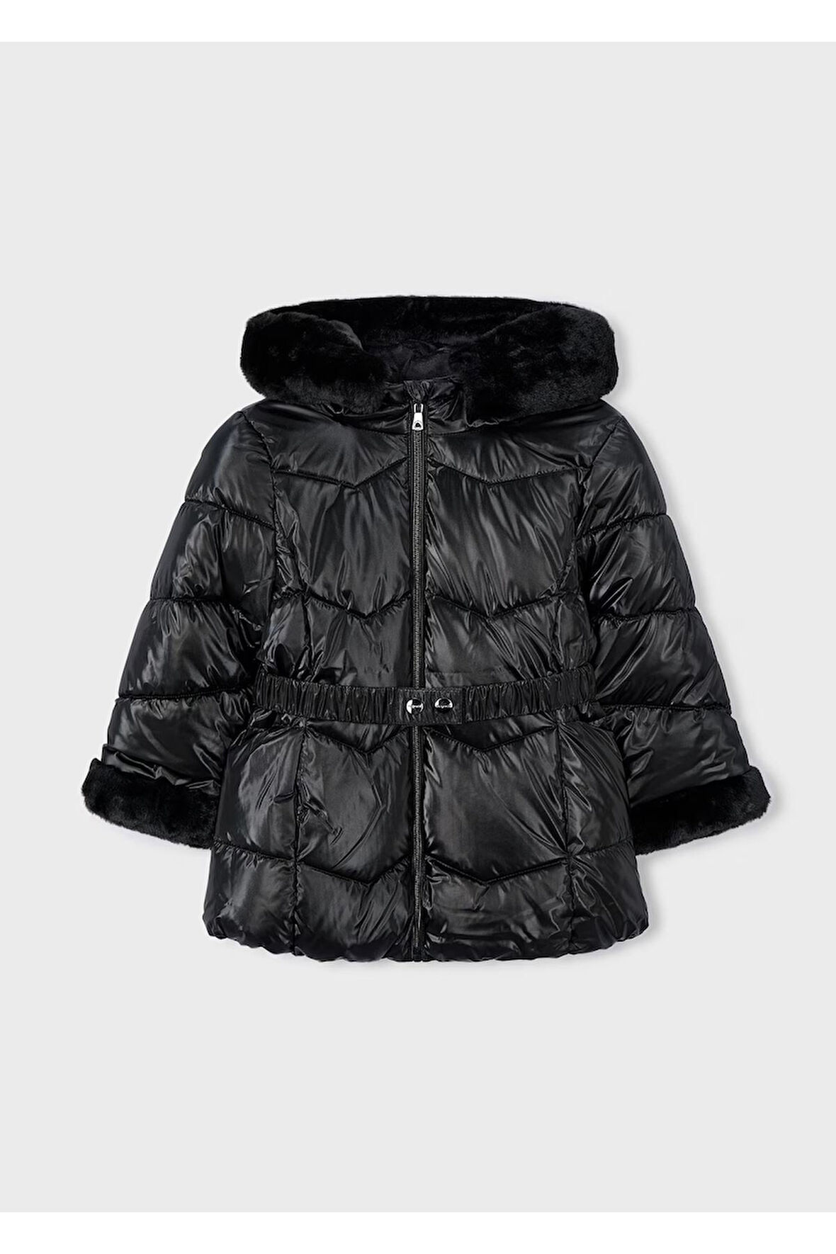 Mayoral Kız Çocuk Kürk Süslemeli Kapüşonlu Kemerli Parlak Uzun Mont 4448 Siyah