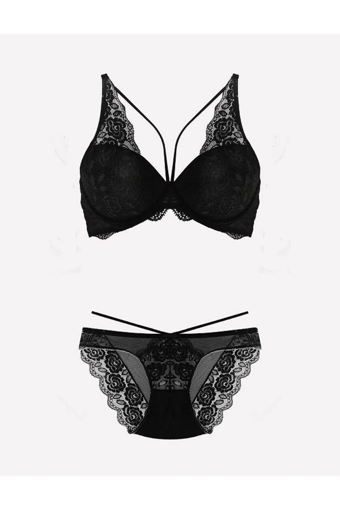 Kadın Siyah Destekli Danteli Büstiyer Takım Set 4426