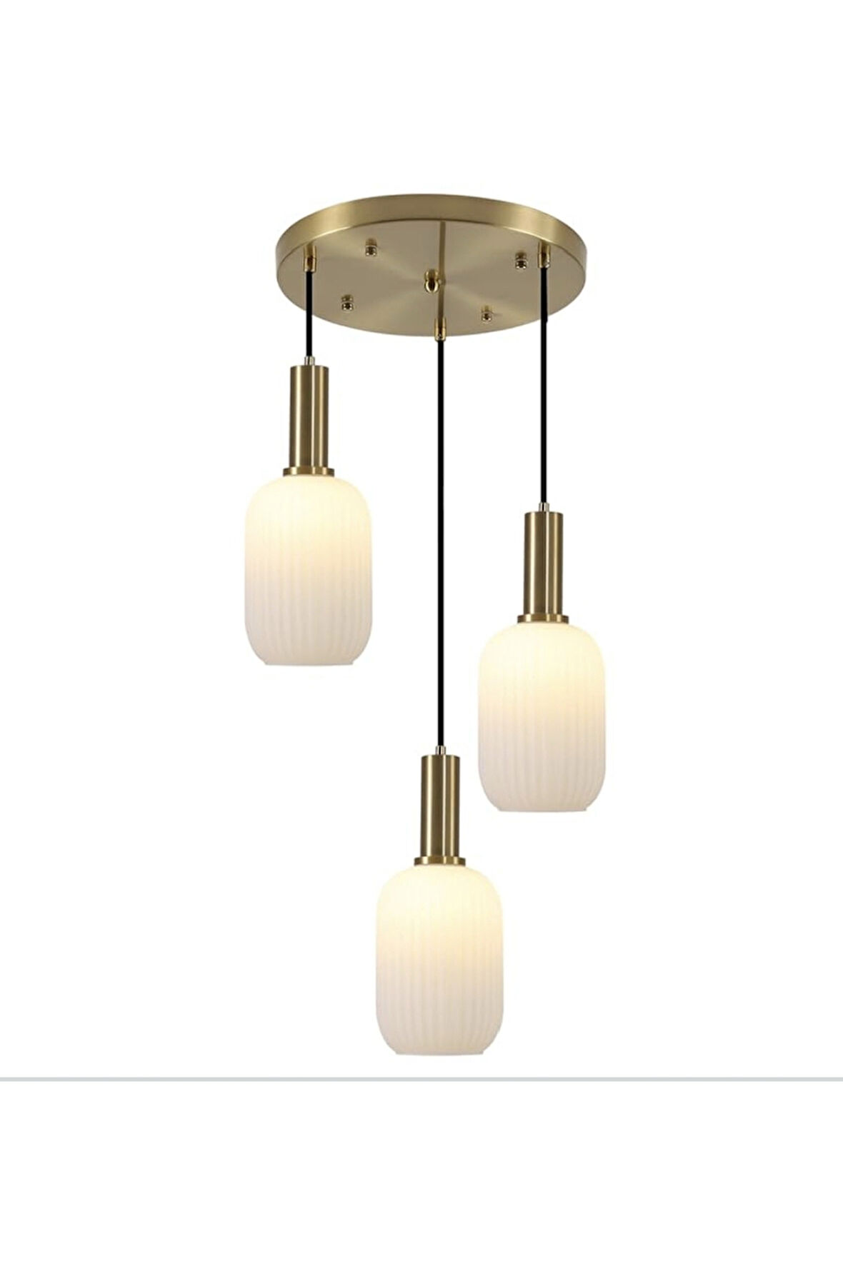 Mat Altın Gold Eskitme Kaplama 3lü Mat Opal Beyaz Cam Üçlü Sarkıt Avize