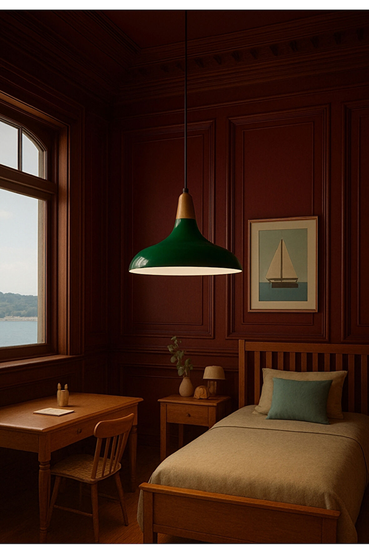 Banker Yeşili Büyük Metal Avize Ahşap Detaylı Retro Tasarım E27