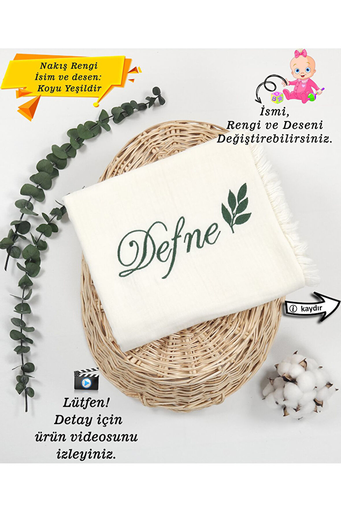 4 Katlı Müslin %100 Pamuk Çok Amaçlı Bebek Battaniyesi-Kişiye Özgü İsimli Nakış Desenli (HEDİYELİK}