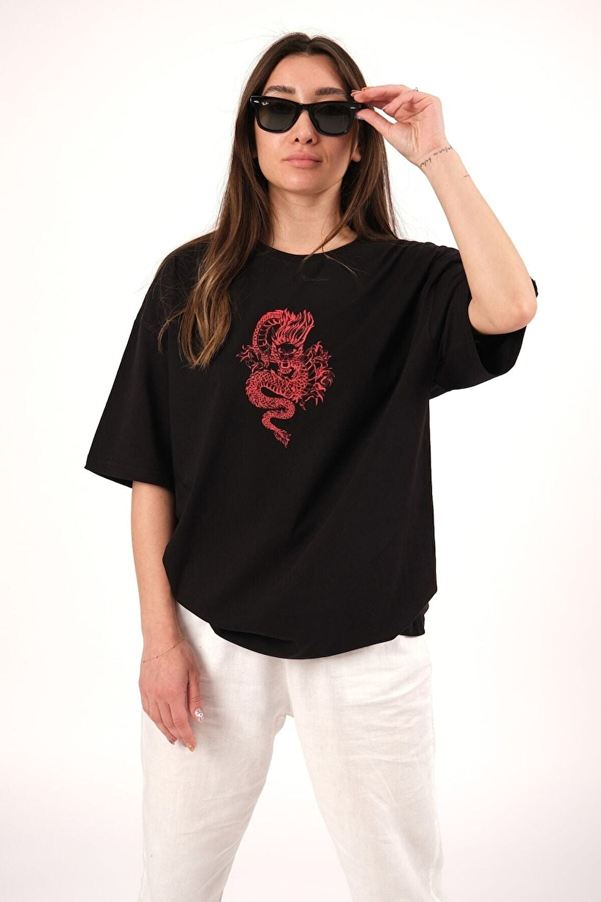 Oversize Dragon Baskılı Siyah Tshirt