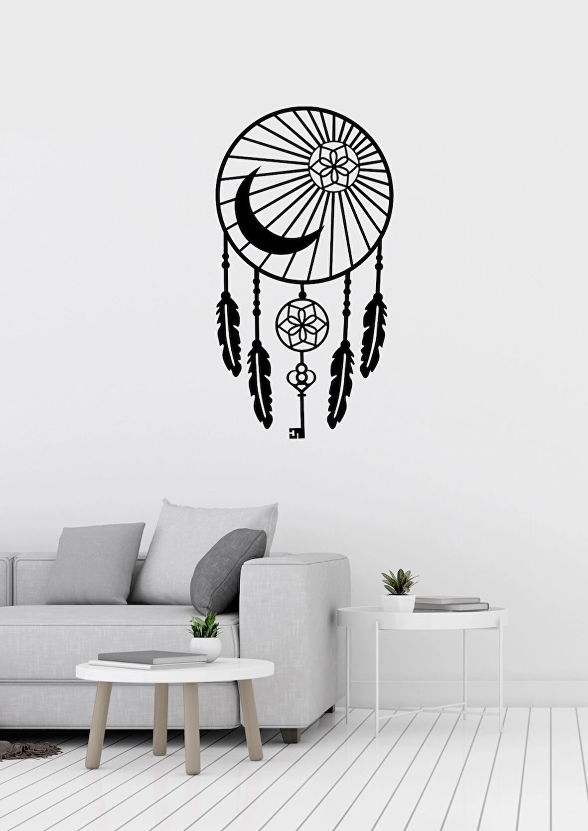 Hilal Anahtar Kuş Tüyü Motifli Siyah Metal Duvar Süsü