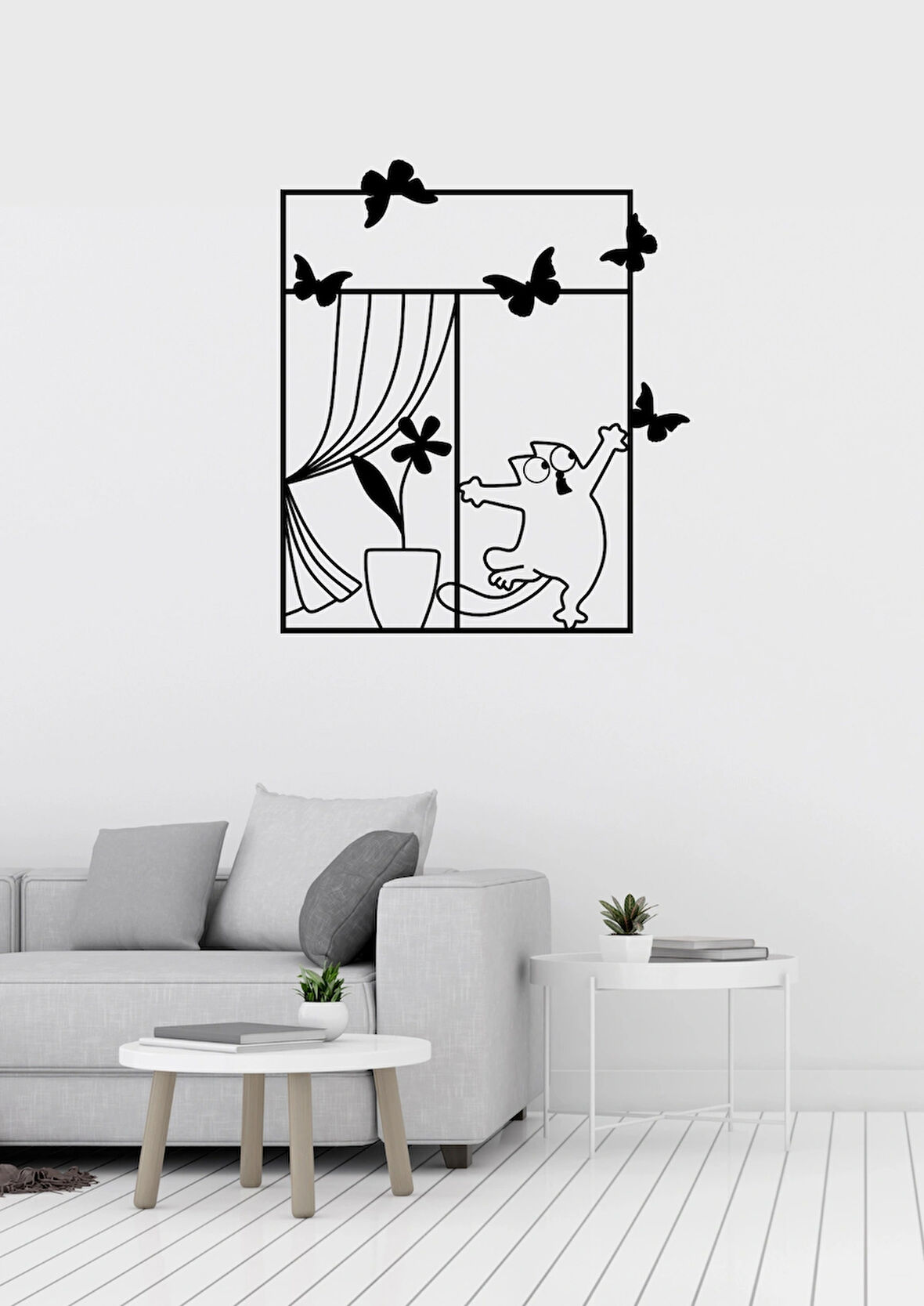 Pencerede Kelebek Yakalayan Kedi Figürlü Dekoratif Metal Duvar süsü