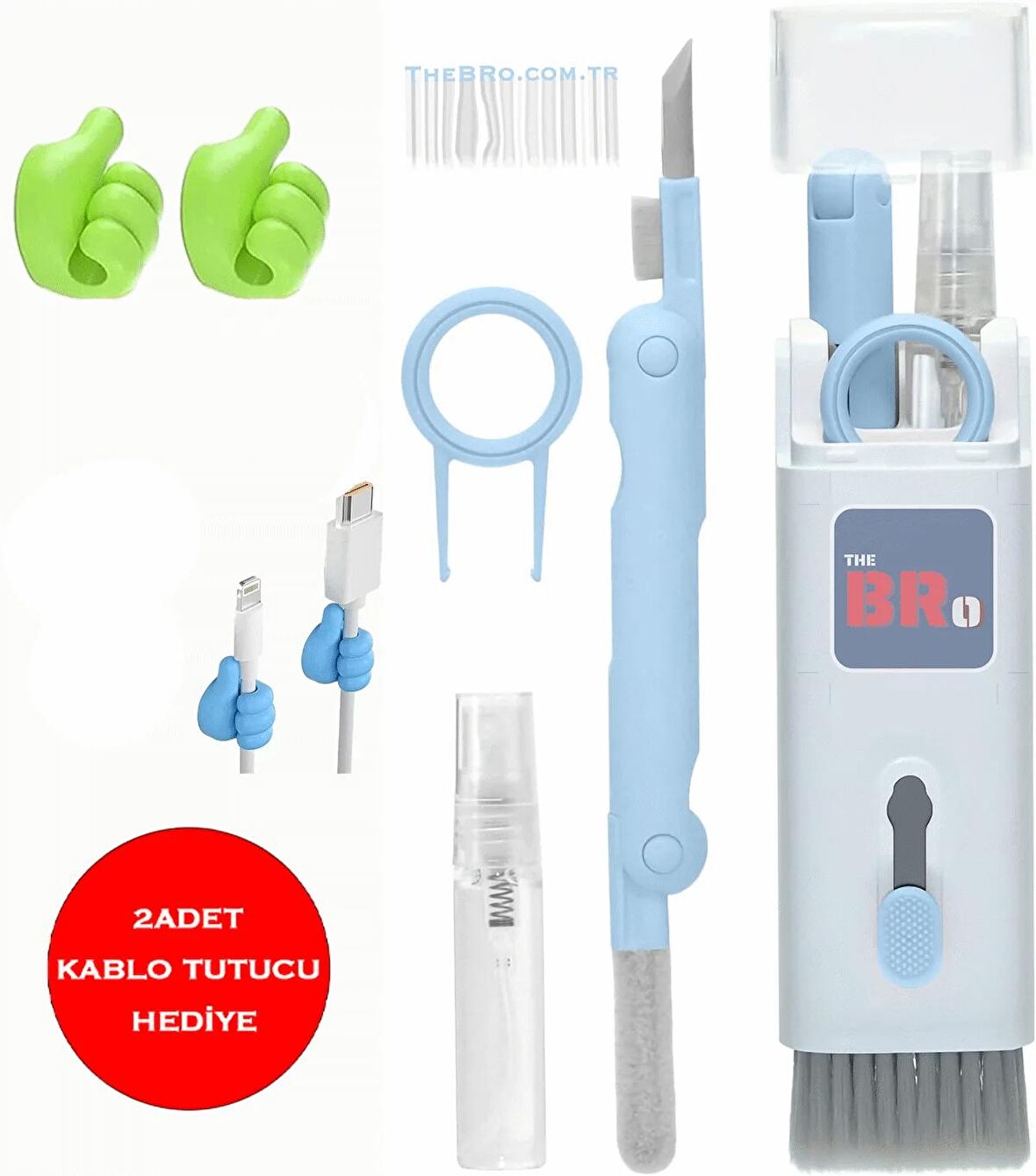 The BRo  Macbook / Airpods ,Iphone /tablet/ Kulaklık Temizleyici + 2 Kablo Tutucu 7 In 1 Çok Fonksiyonlu Kit 