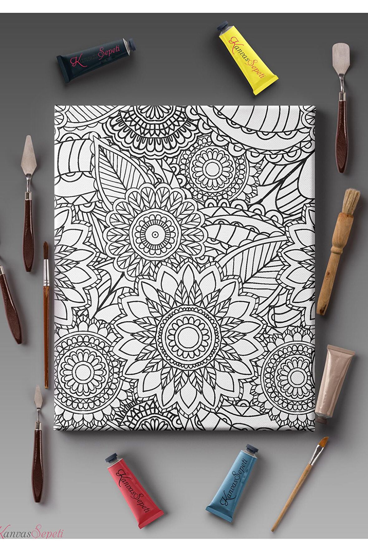 Ölçü Seçenekli Tüm Boya Türlerine Uygun Boyanabilir Tablo Tuval Mandala Çizgili Hazır Şablon Tuval