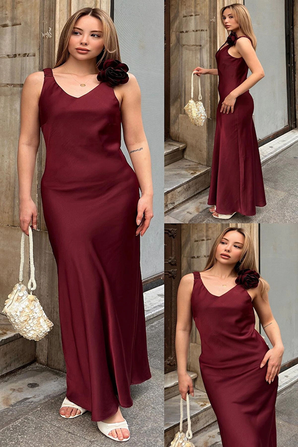 Zarif İğne Broş Detaylı Midi Elbise