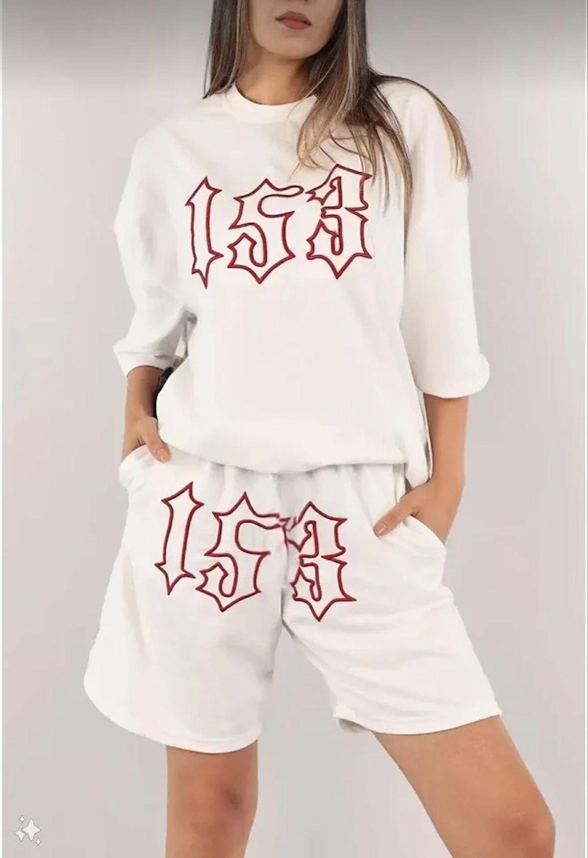 CANSUYILMAZ Unisex Nakış İşlemeli Şort Takım - Beyaz