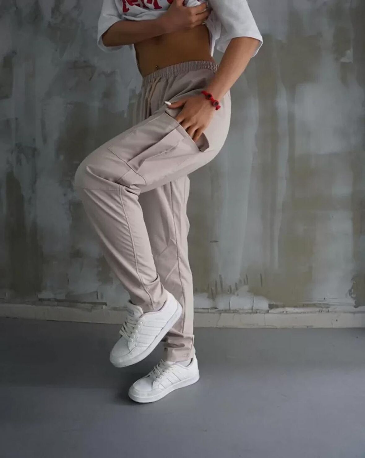 Unisex Jakar Kargo Cepli Eşofman Altı - Krem