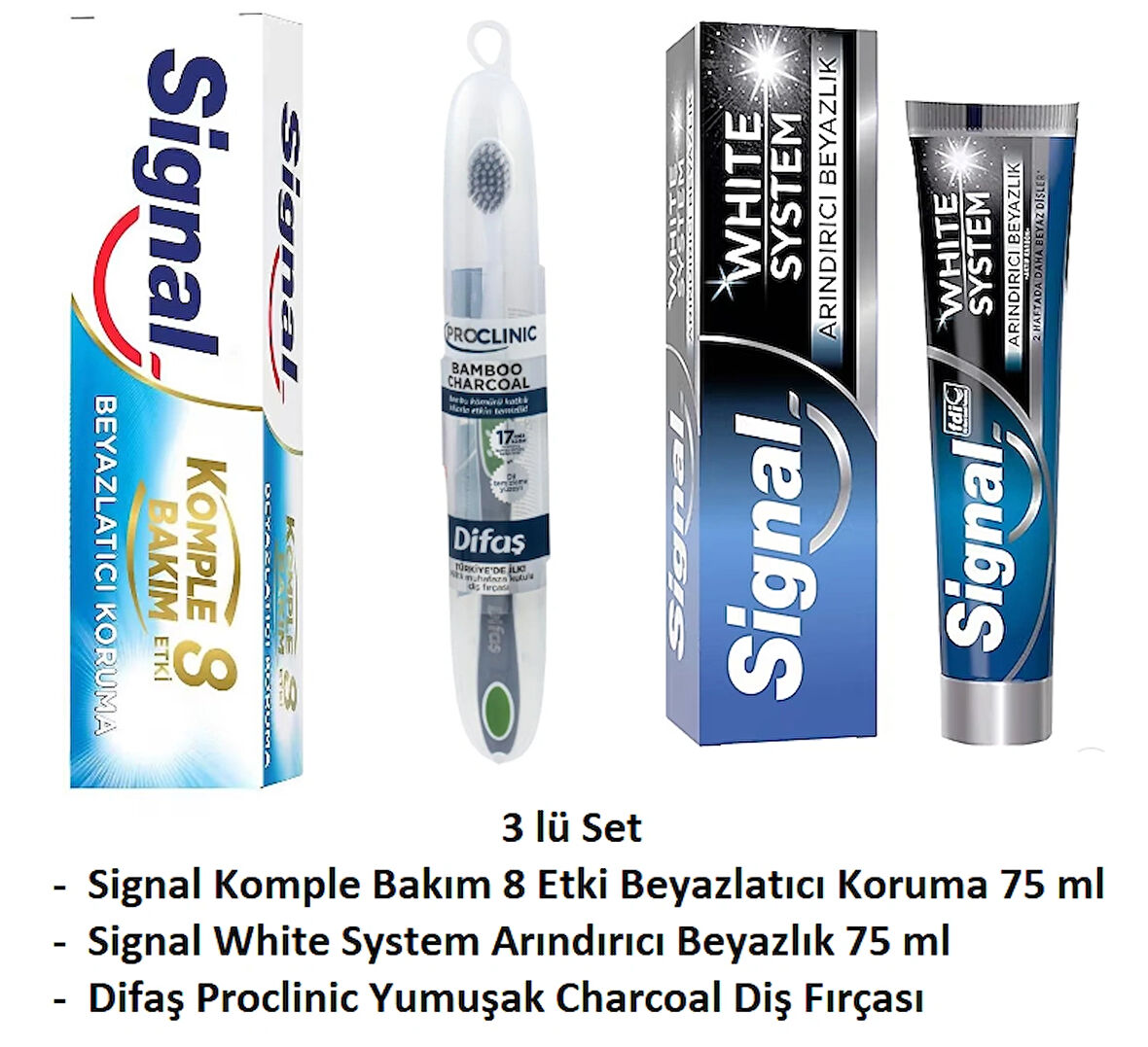 Signal White System 75 ml + Signal Komple Bakım 8 Etki 75 ml 3 li Set Diş Fırçası