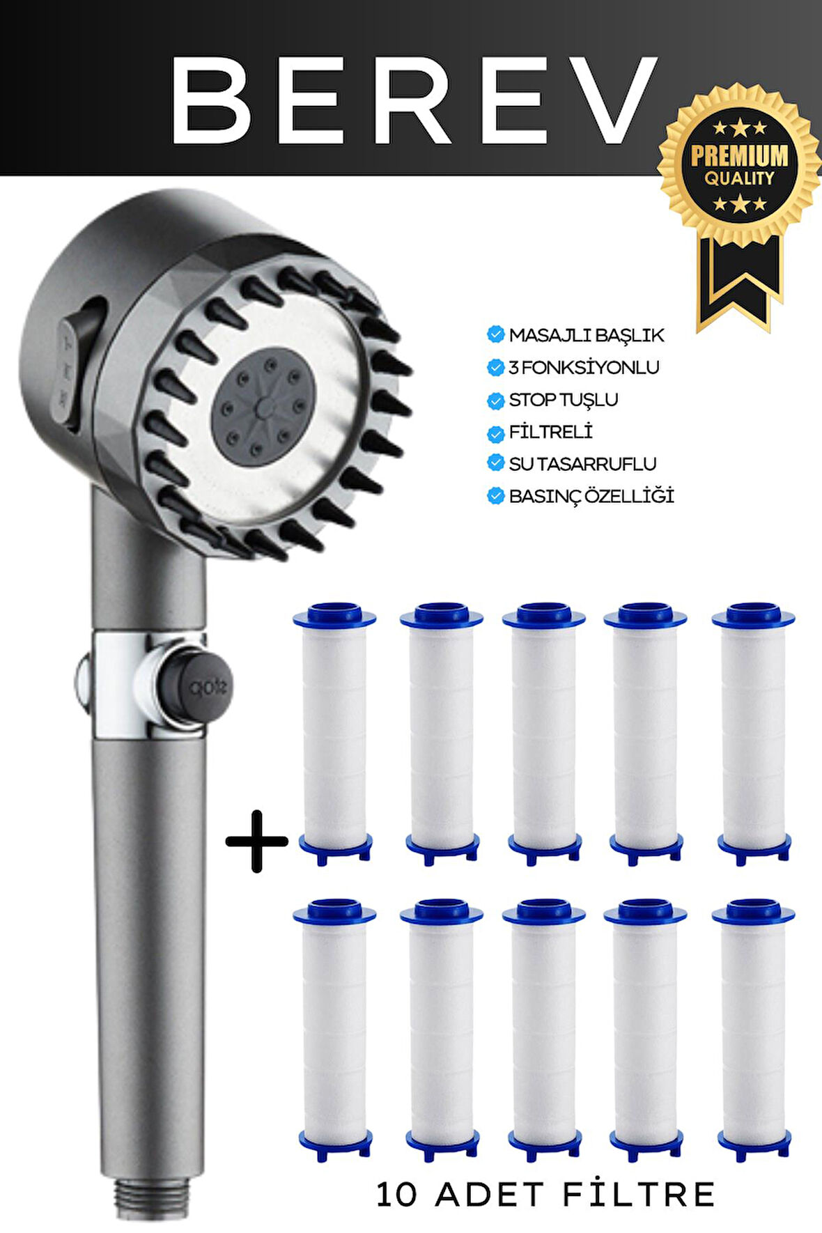 Yüksek Basınçlı Masaj Taraklı 3 Kademeli Aç Kapa Su Tasarruflu Filtre Hazneli Gri Banyo Duş Başlığı 10 Adet Yedek Filtreli