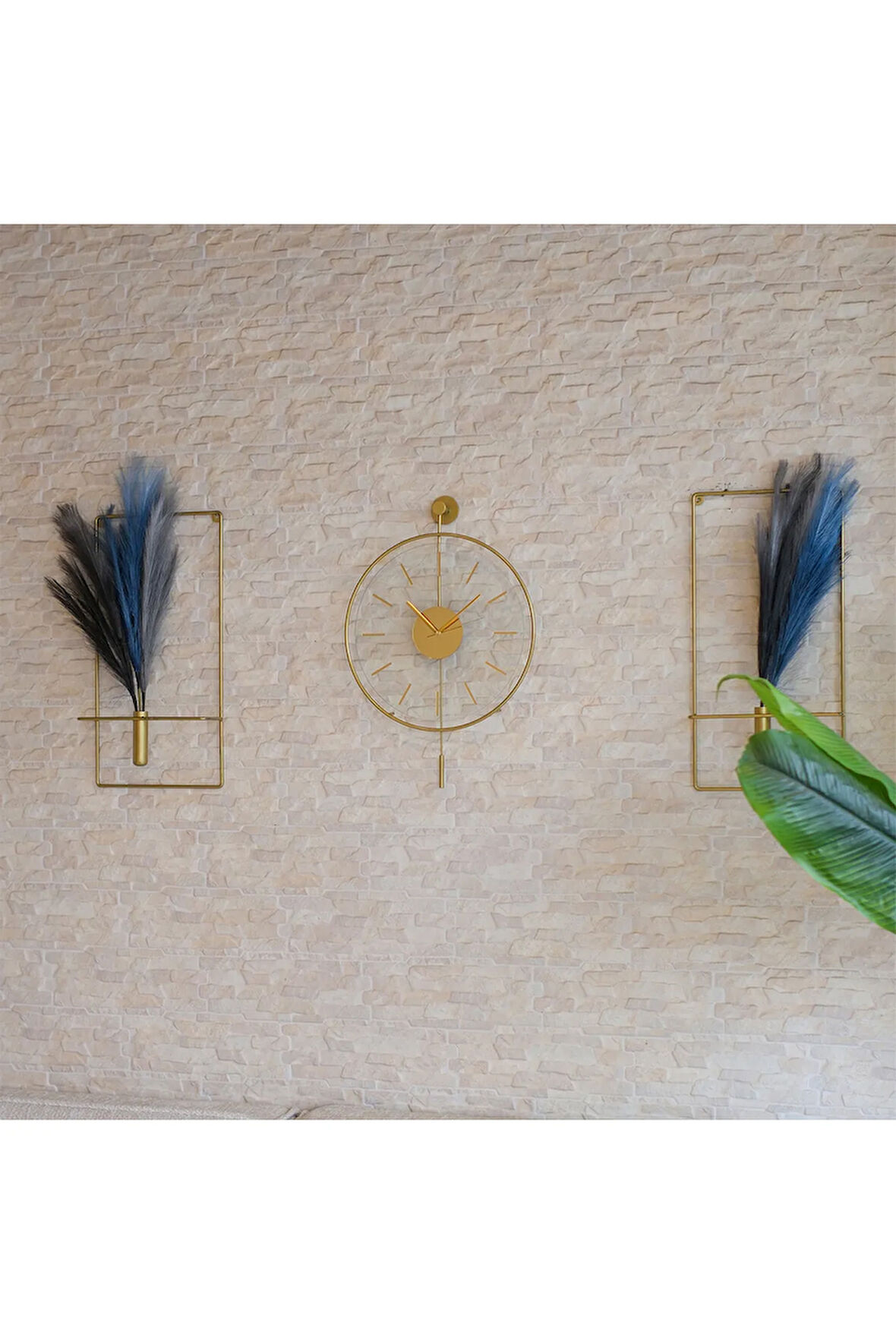3'lü Gold Massive Premium Gold (37X55CM), Modern Dekoratif Duvar Saati