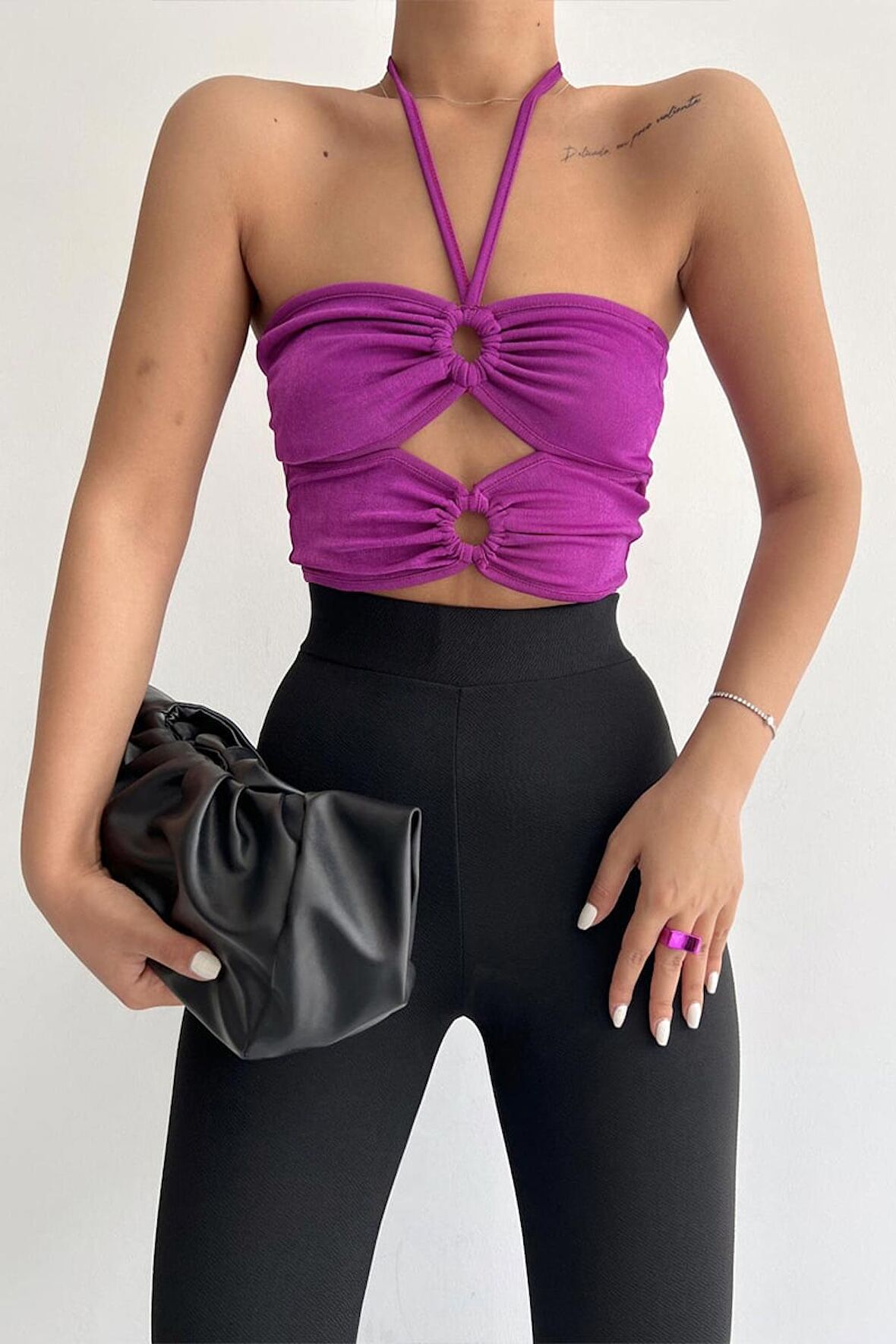 Halka Tokalı Cut Out Top Bluz Mor