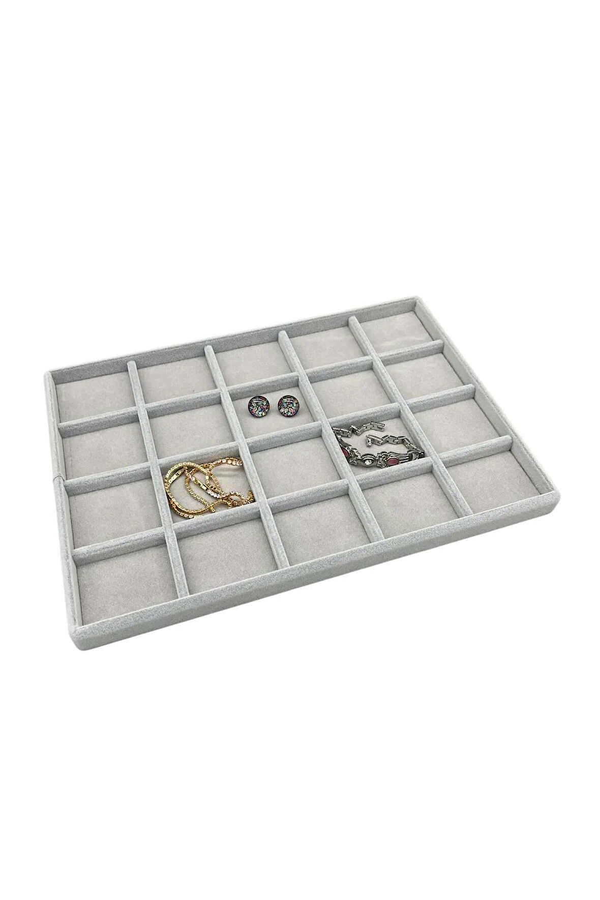 Süet Kumaş Gri Renkli 34/24 Cm 20 Bölmeli Takı Standı