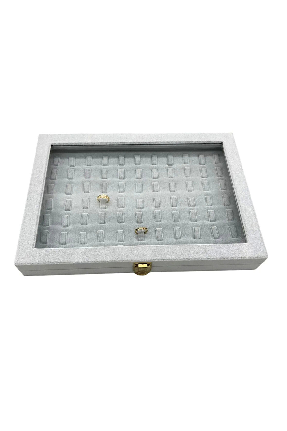 Yeni Yerli Üretim Cam Kapaklı Süet Kumaş Gri Renk 34 cm / 24 cm Tırnaklı Yüzük Sergileme Standı