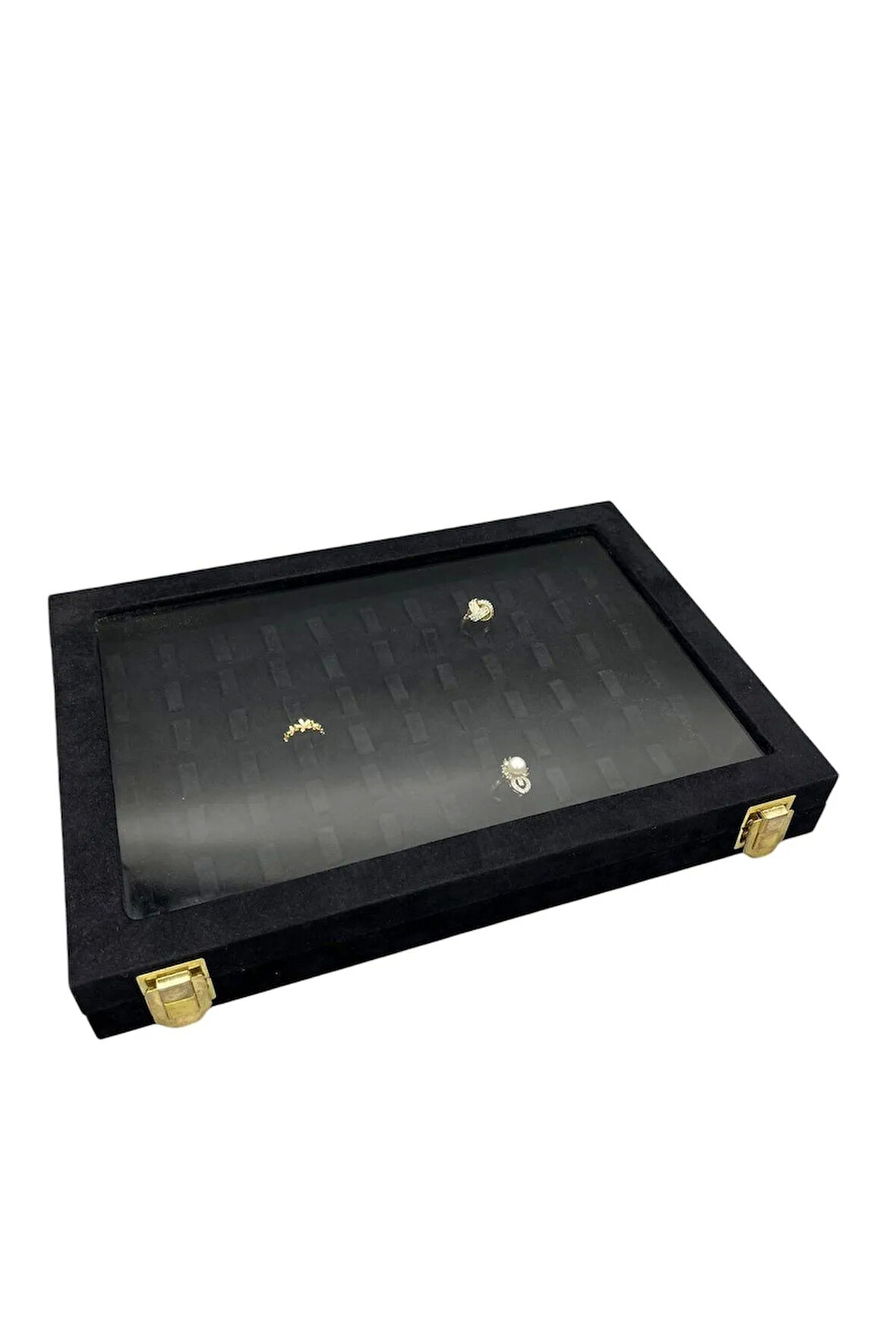 Cam Kapaklı Süet Kumaş Siyah Renk 34 cm / 24 cm Tırnaklı Yüzük Sergileme Standı