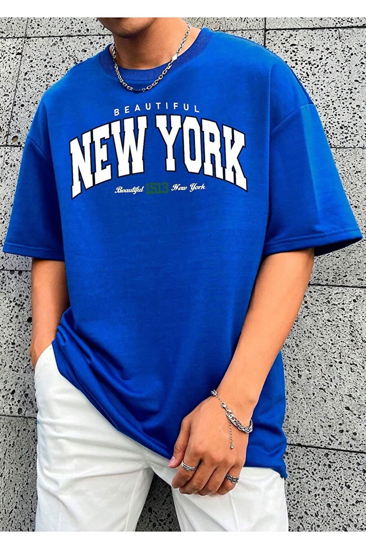 Unisex Beautiful New York Baskılı Oversize Boyamalı  Tişört