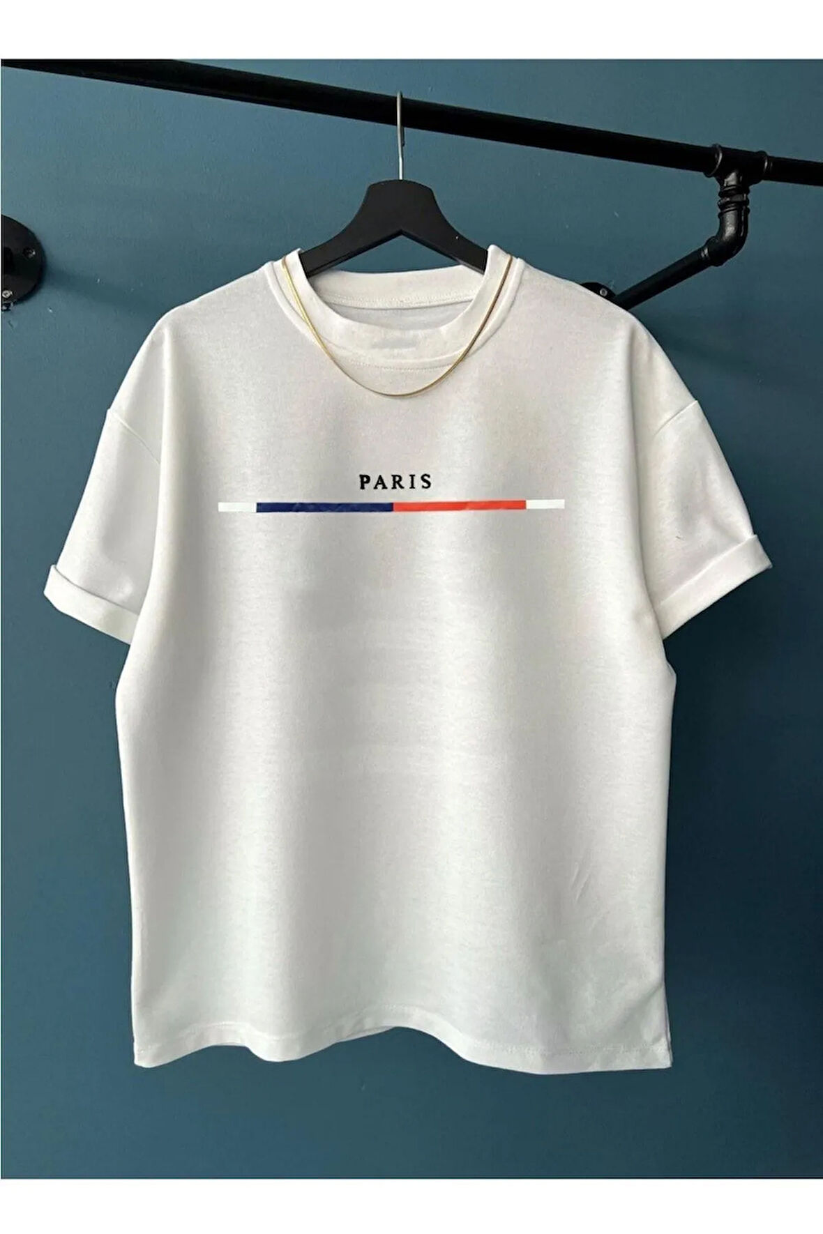 Unisex Göğüs Ince Çizgili Paris Baskılı Oversize Bisiklet Yaka Tişört