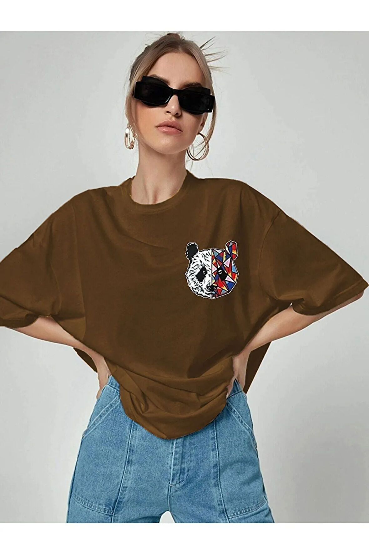 Kadın Oversize Panda Baskılı Siyah T-shirt