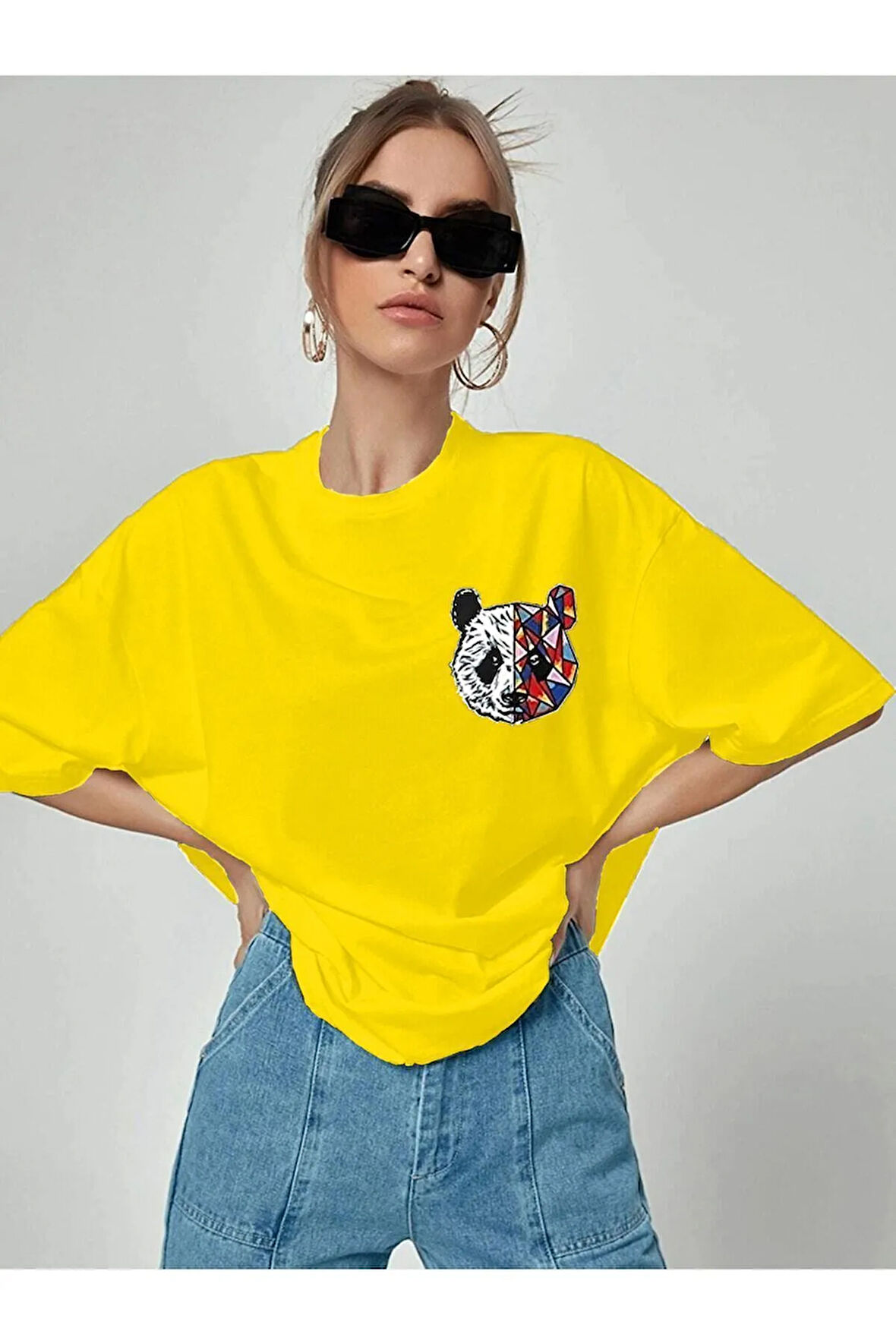 Kadın Oversize Panda Baskılı Siyah T-shirt