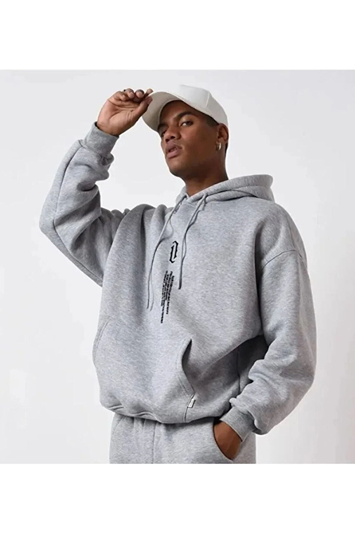 Unisex Göğüs Dikey Baskılı Oversize Kapşonlu Sweatshirt