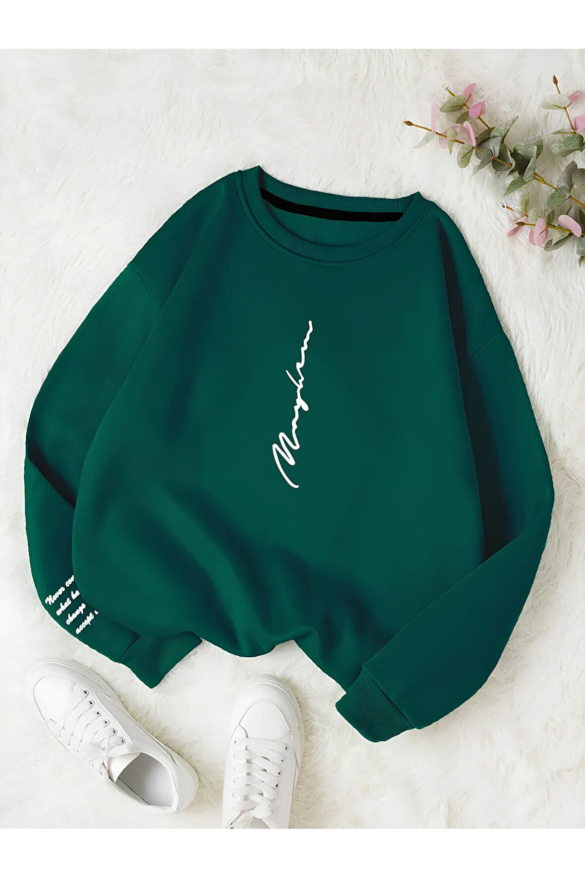 Unisex Kadın/Erkek NEVER Renkli Oversize Bisiklet Yaka Pamuklu Sweatshirt