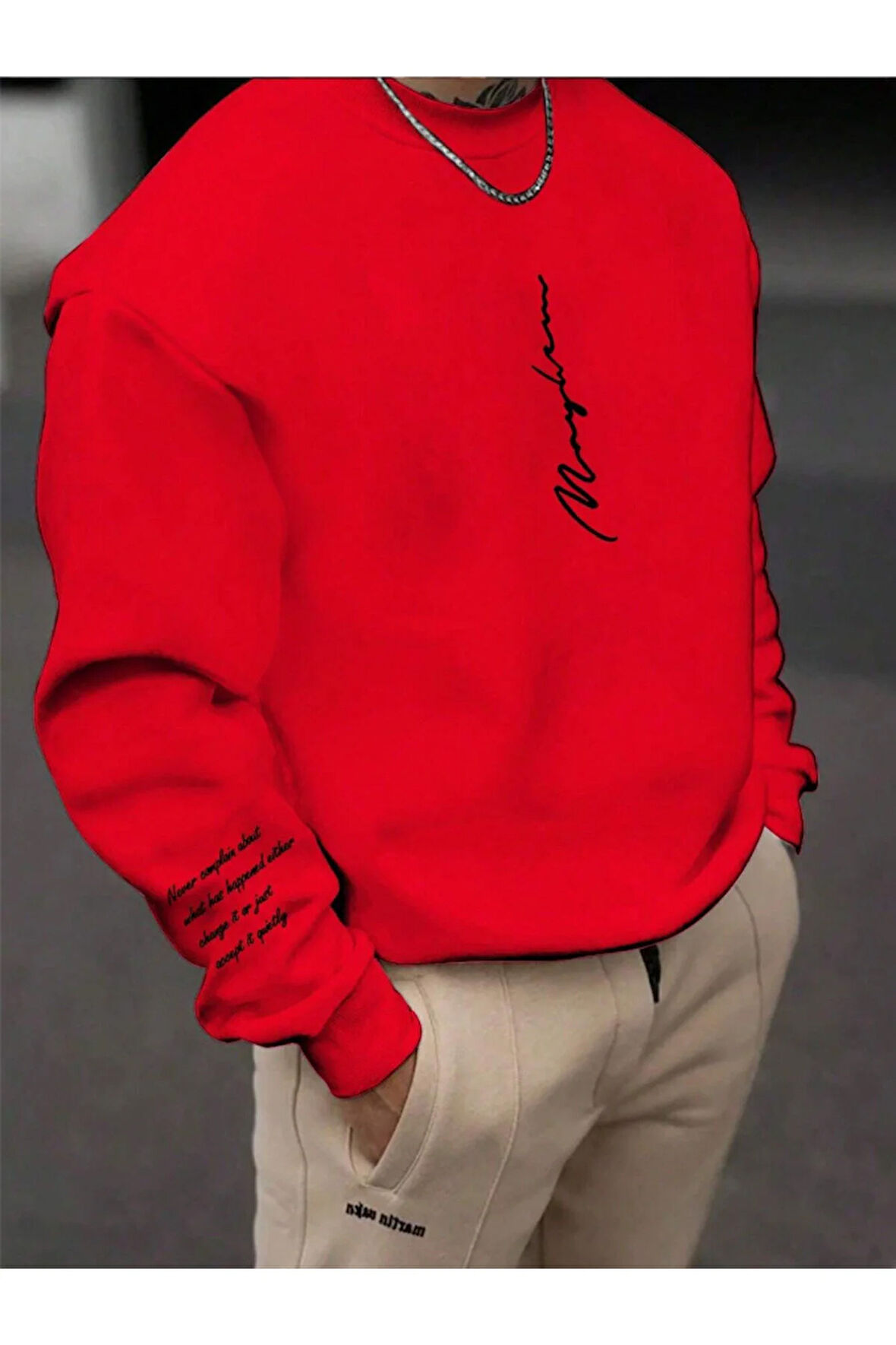 Unisex Kadın/Erkek NEVER Renkli Oversize Bisiklet Yaka Pamuklu Sweatshirt