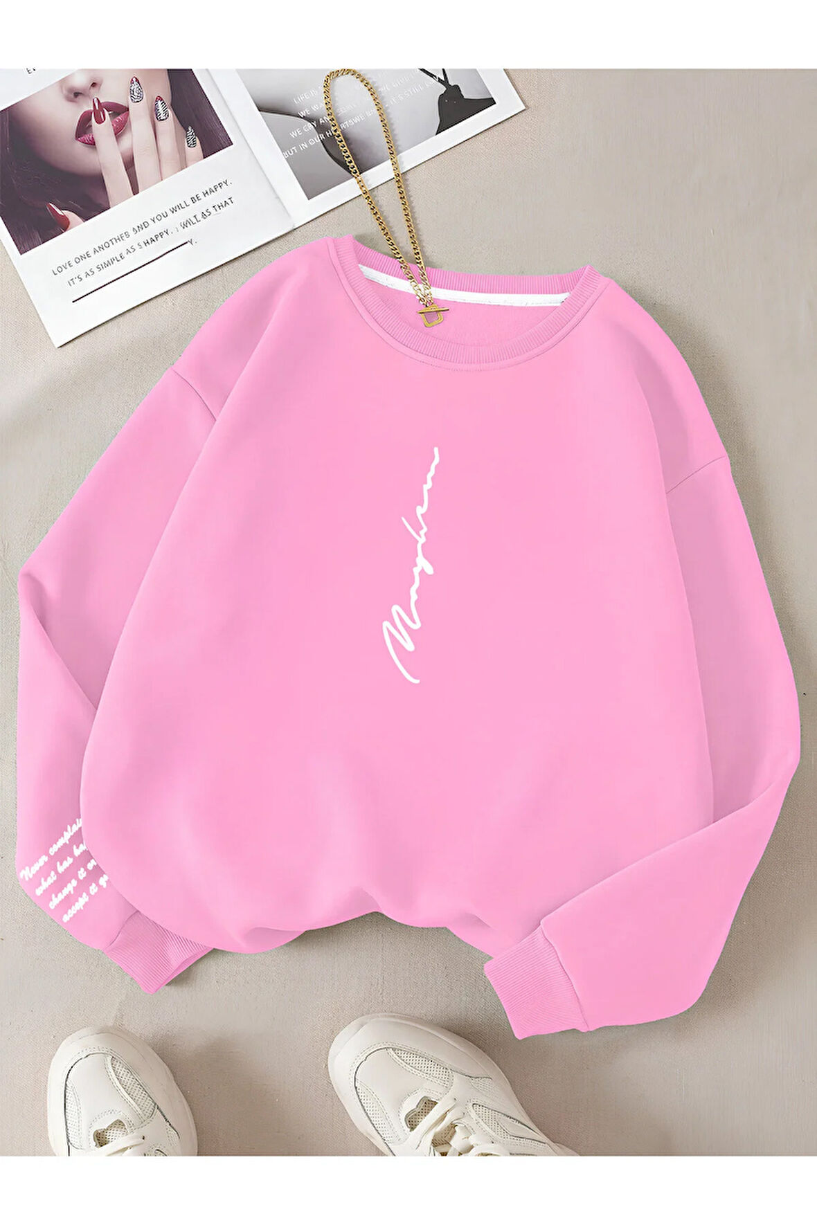 Unisex Kadın/Erkek NEVER Renkli Oversize Bisiklet Yaka Pamuklu Sweatshirt