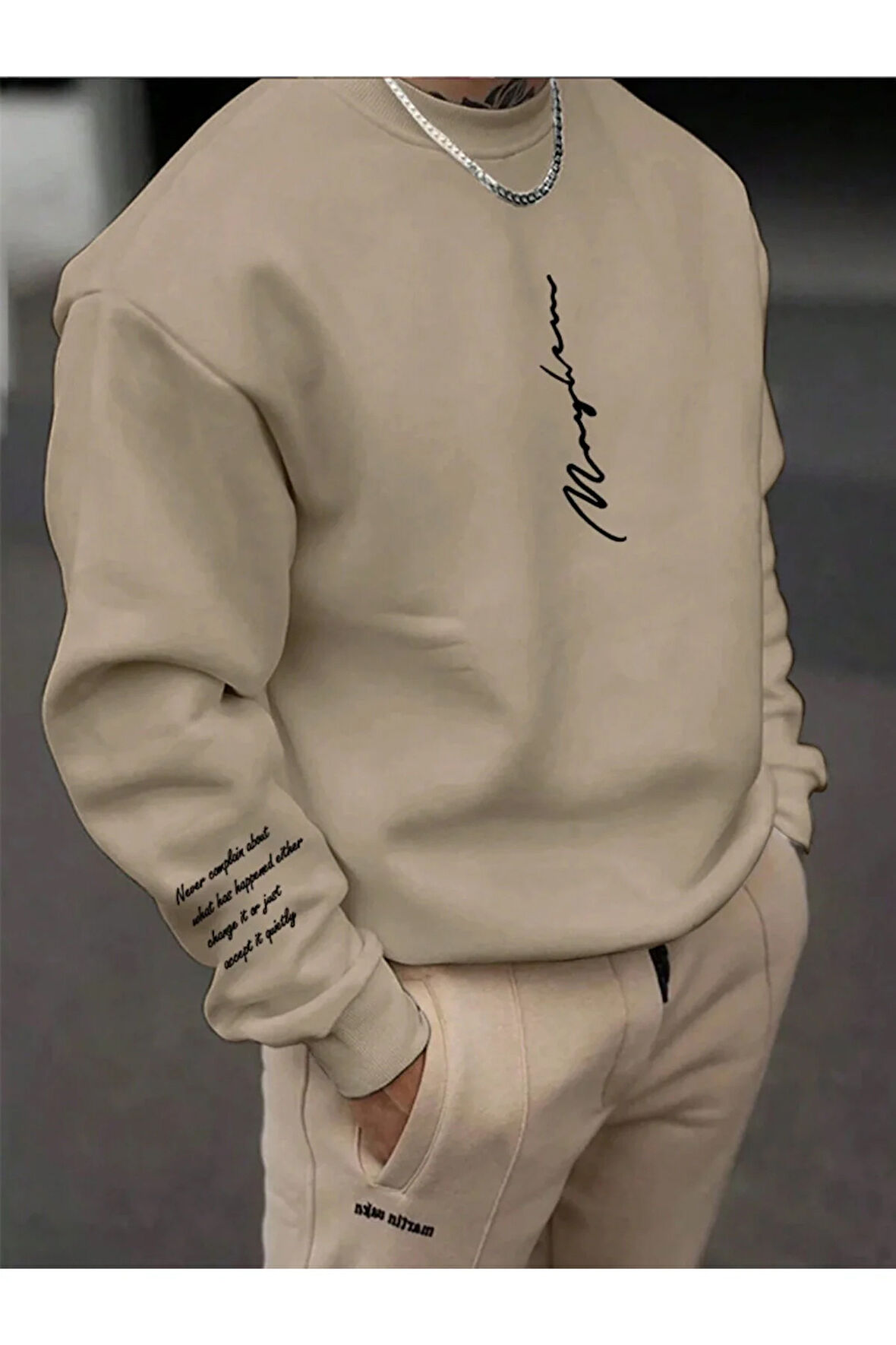 Unisex Kadın/Erkek NEVER Renkli Oversize Bisiklet Yaka Pamuklu Sweatshirt