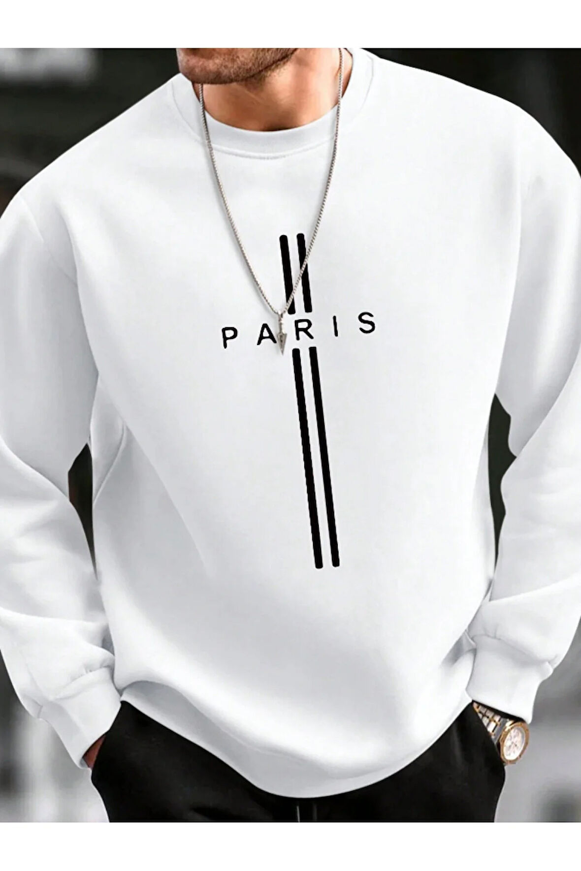 Unisex Kadın/Erkek PARİS Özel Renkli Oversize Bisiklet Yaka Pamuklu Sweatshirt