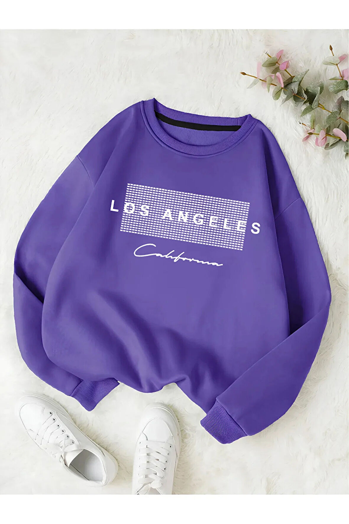 Unisex Kadın/Erkek Detaylı Los Angeles Özel Baskılı Renkli Oversize Bisiklet Yaka Pamuklu Sweatshirt