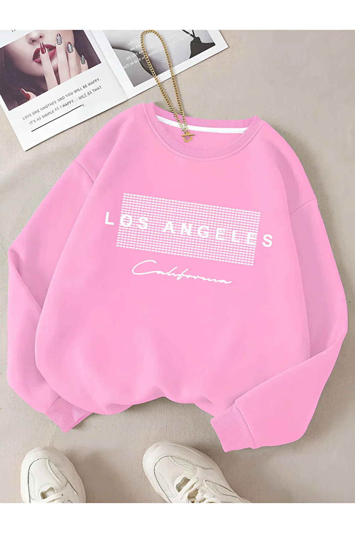Unisex Kadın/Erkek Detaylı Los Angeles Özel Baskılı Renkli Oversize Bisiklet Yaka Pamuklu Sweatshirt