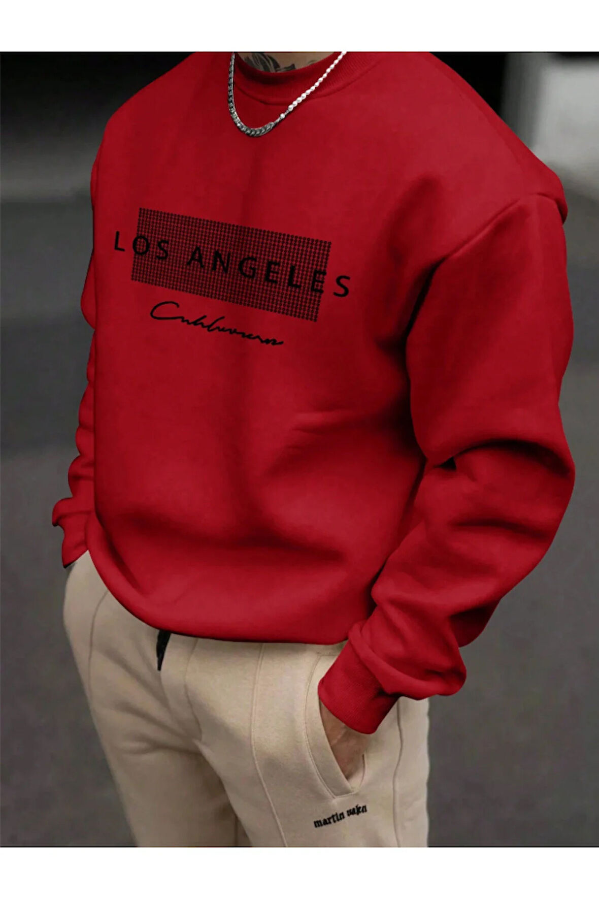 Unisex Kadın/Erkek Detaylı Los Angeles Özel Baskılı Renkli Oversize Bisiklet Yaka Pamuklu Sweatshirt