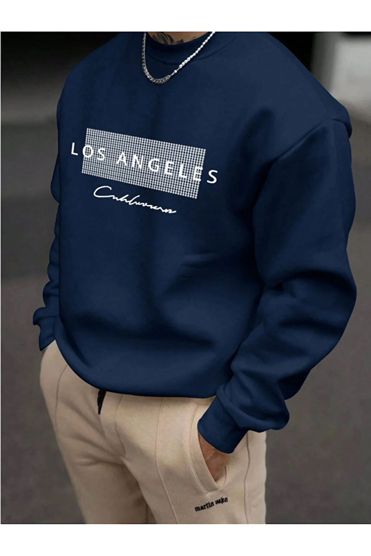 Unisex Kadın/Erkek Detaylı Los Angeles Özel Baskılı Renkli Oversize Bisiklet Yaka Pamuklu Sweatshirt