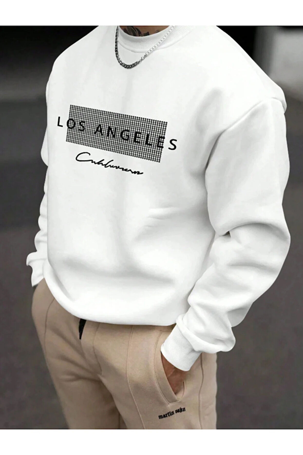 Unisex Kadın/Erkek Detaylı Los Angeles Özel Baskılı Renkli Oversize Bisiklet Yaka Pamuklu Sweatshirt