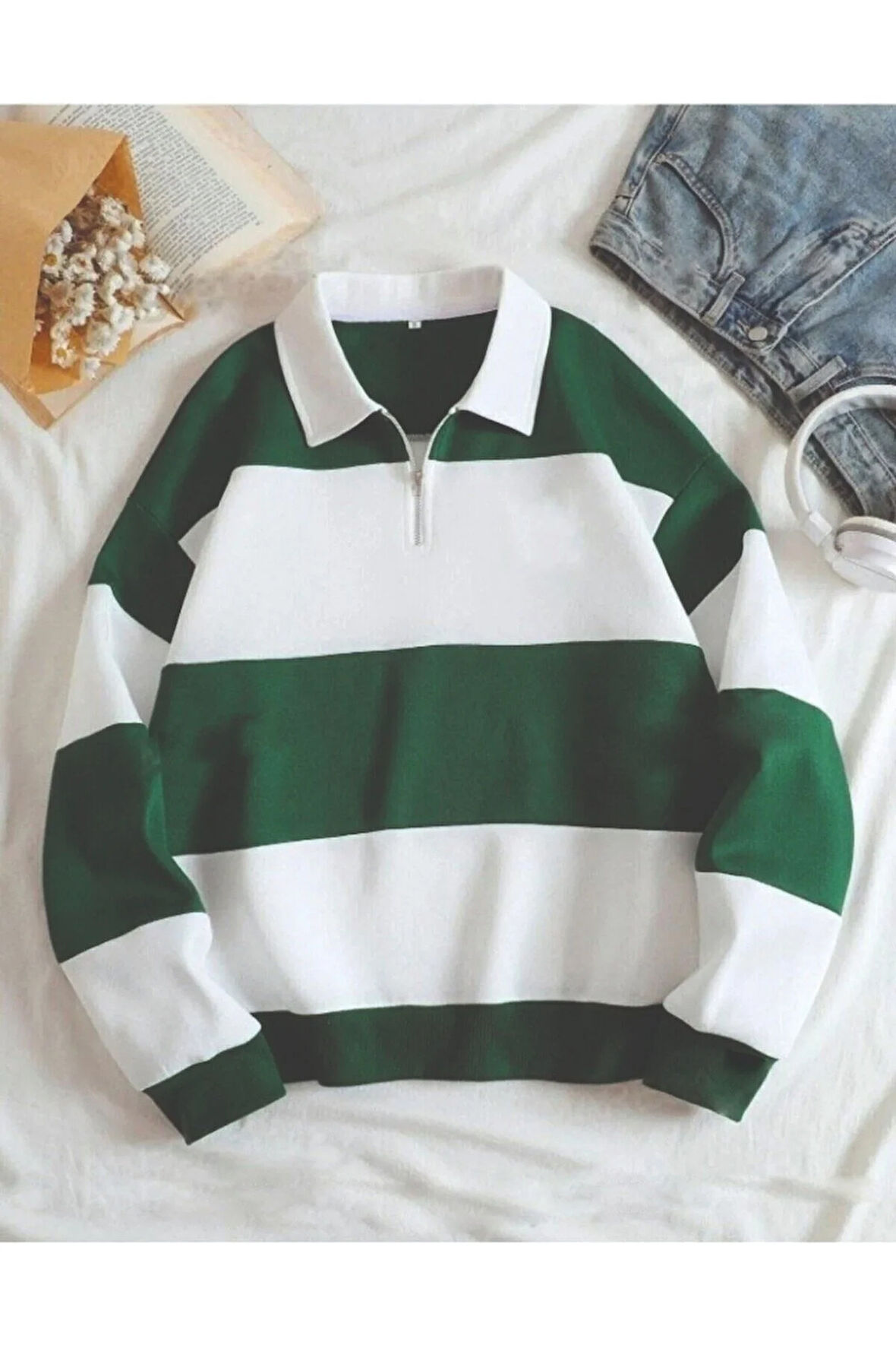 Parçalı Renk Yarım Fermuarlı Polo Yaka Sweatshirt Içi Polarlı Unisex