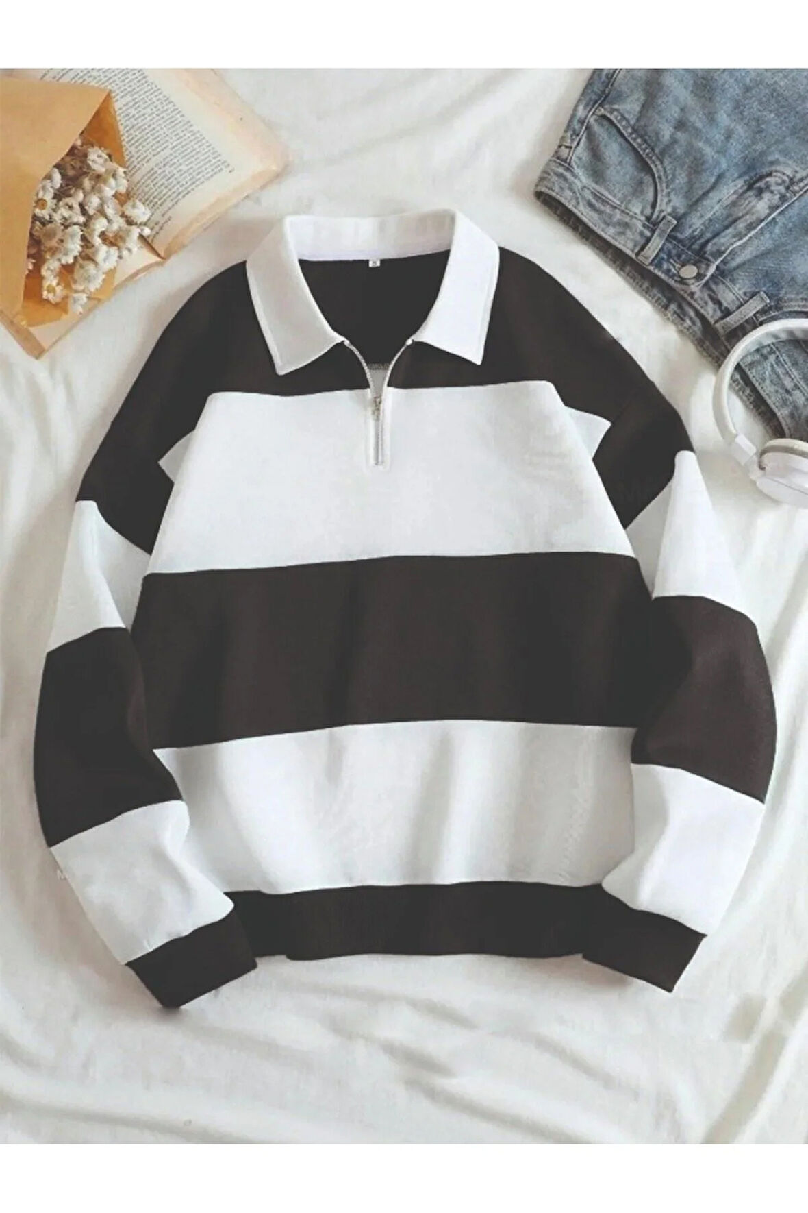 Parçalı Renk Yarım Fermuarlı Polo Yaka Sweatshirt Içi Polarlı Unisex Akmayan Kumaş
