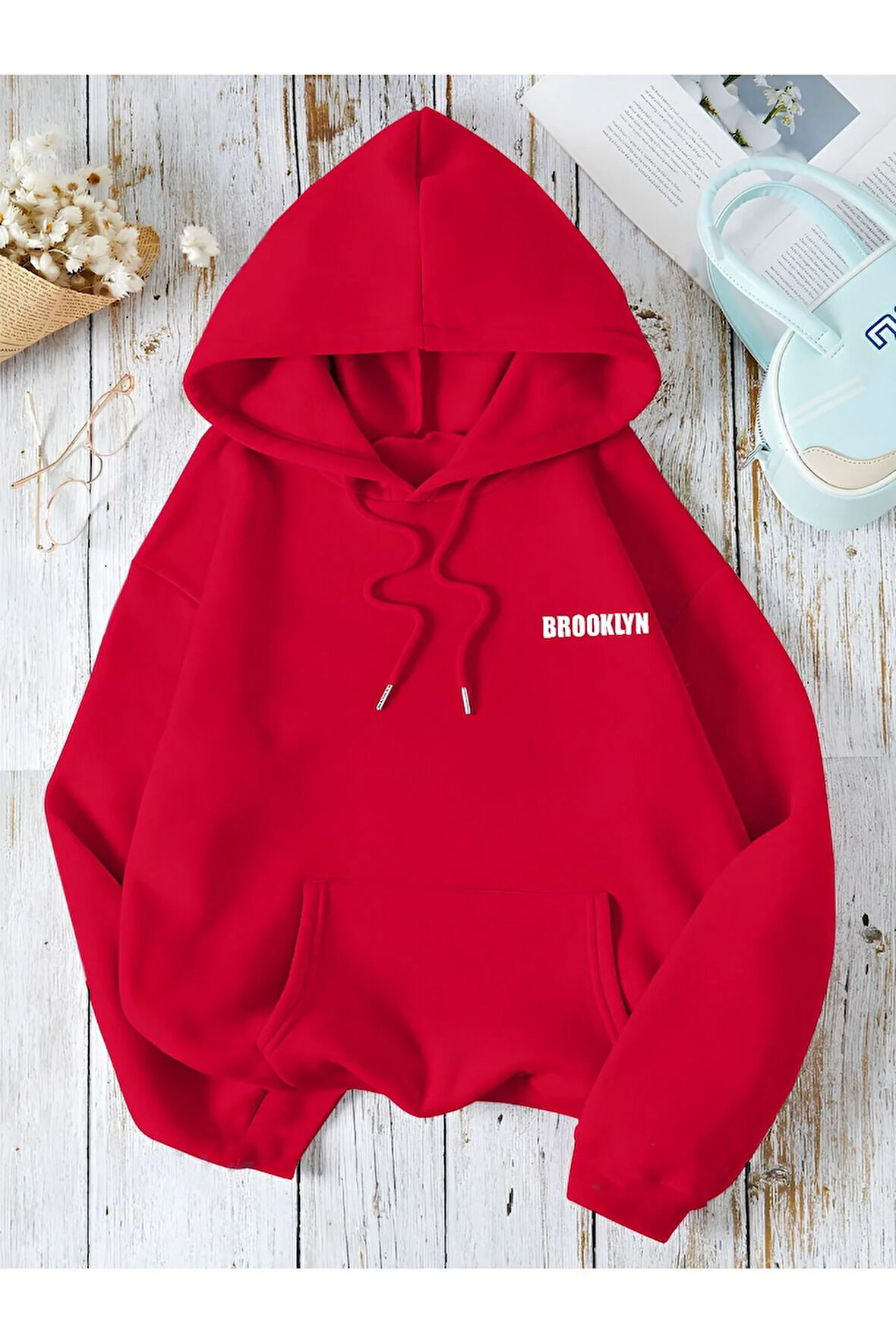 Unisex Kadın/Erkek BROOKLYN Renkli Özel Baskılı Pamuklu Oversize Kapüşonlu Sweatshirt