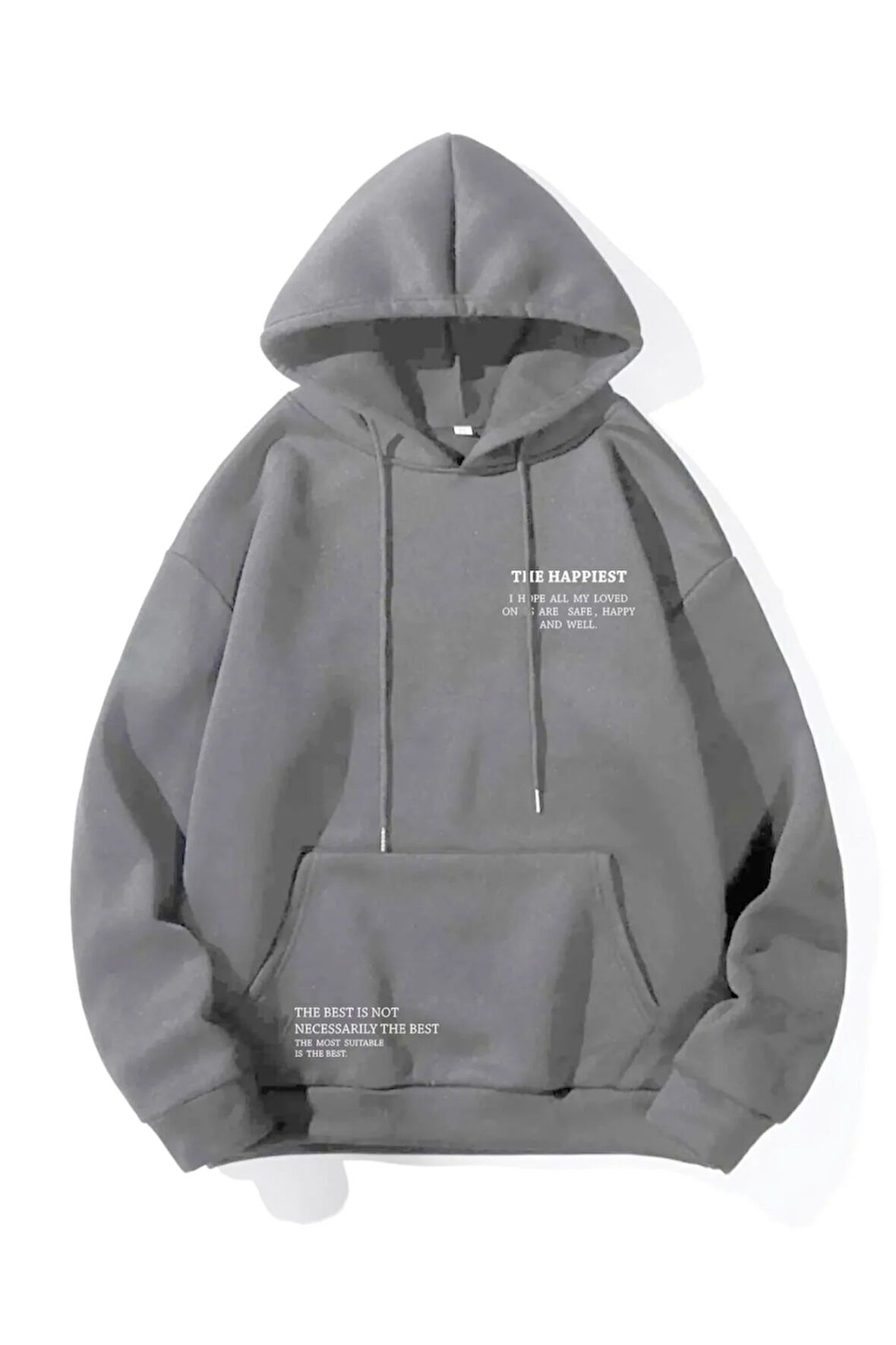 Unisex Füme Happiest Baskılı Oversize Kapşonlu Sweatshirt