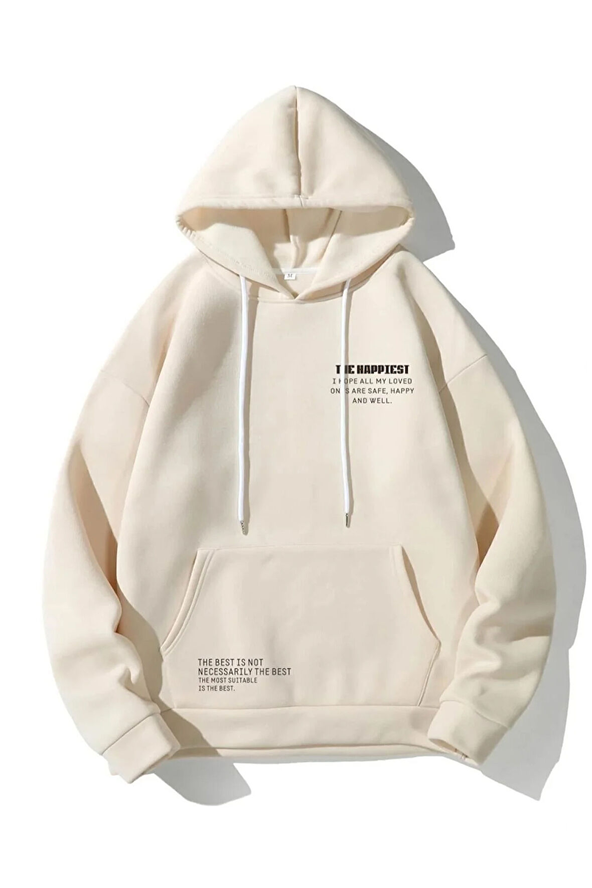 Unisex Bej Happiest Baskılı Oversize Kapşonlu Sweatshirt