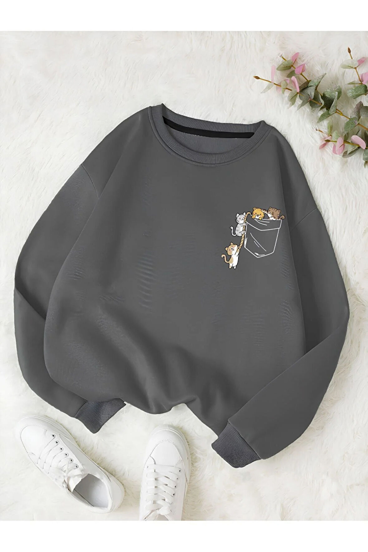 Üç iplik Kadın Renkli Cat Özel Göğüs Baskılı Oversize Bisiklet Yaka Sweatshirt