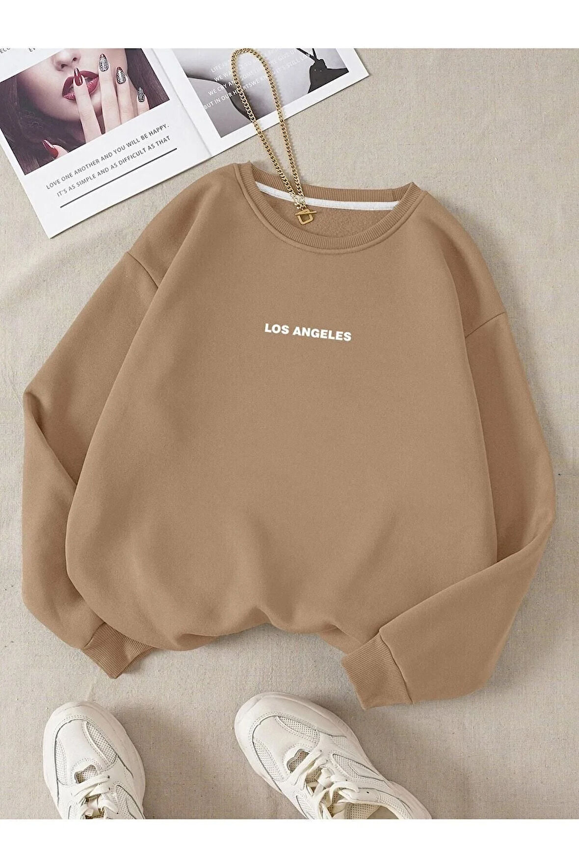 Unisex Kadın/Erkek LOS ANGELES Renkli Oversize Bisiklet Yaka Pamuklu Sweatshirt