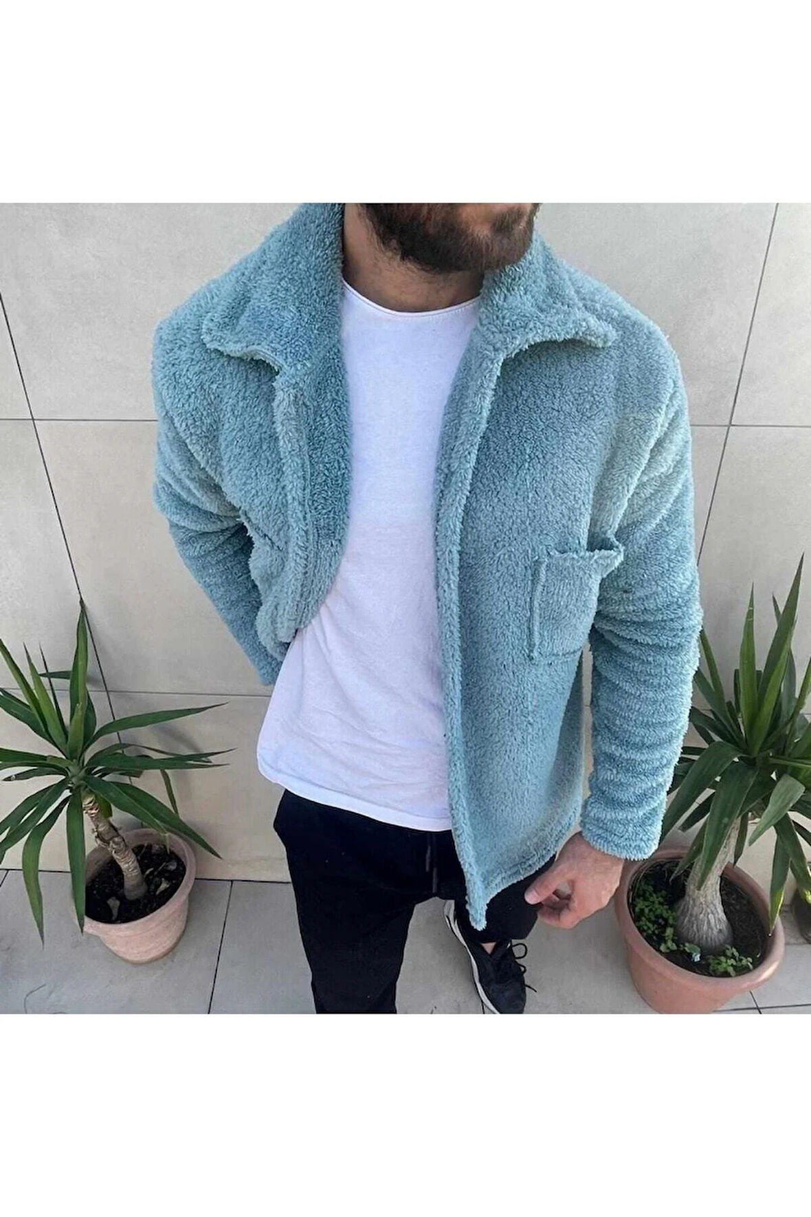 Erkek Turkuaz Peluş Ceket