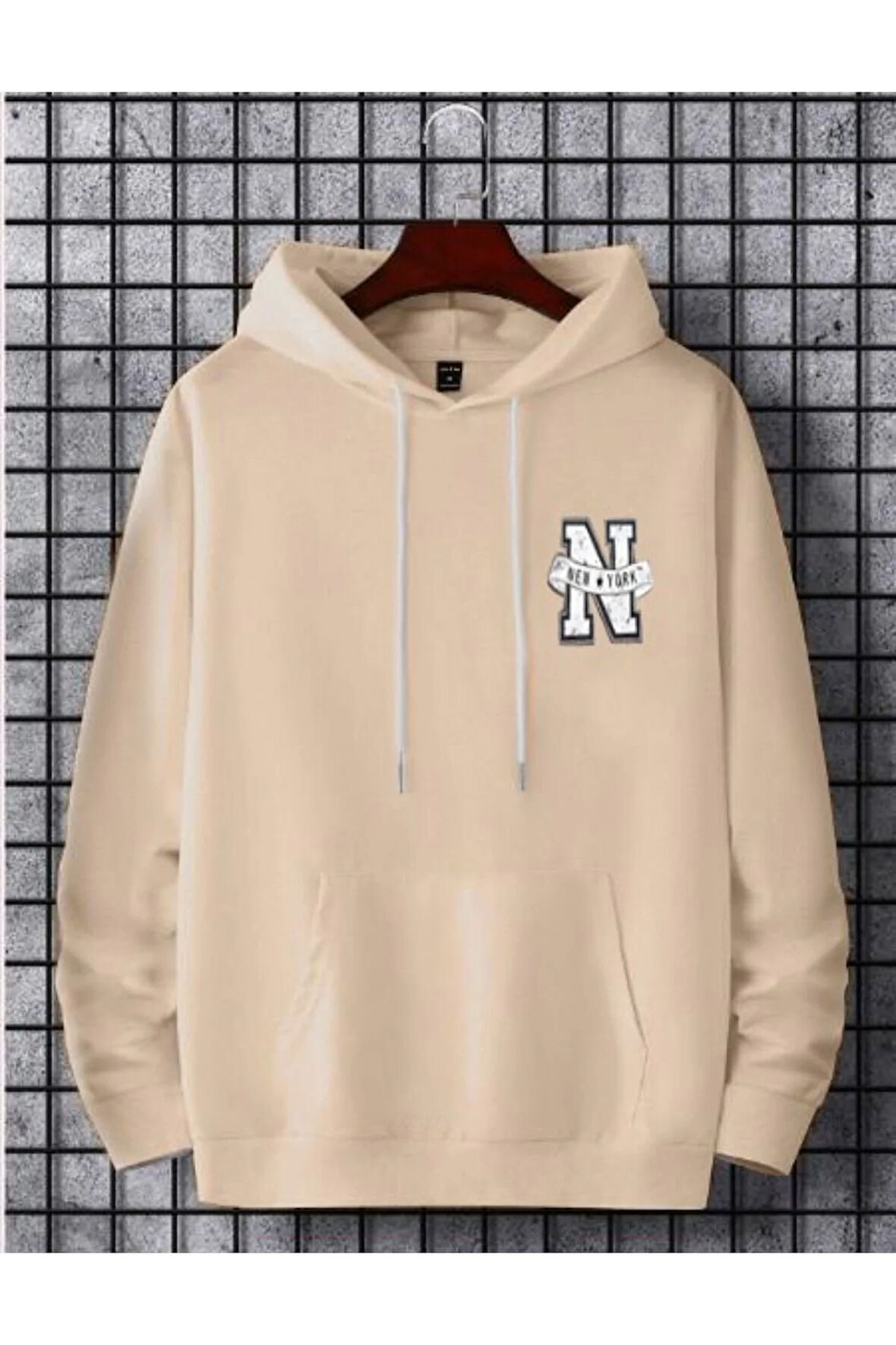 Erkek Bej New York Baskılı Kapüşonlu Sweatshirt