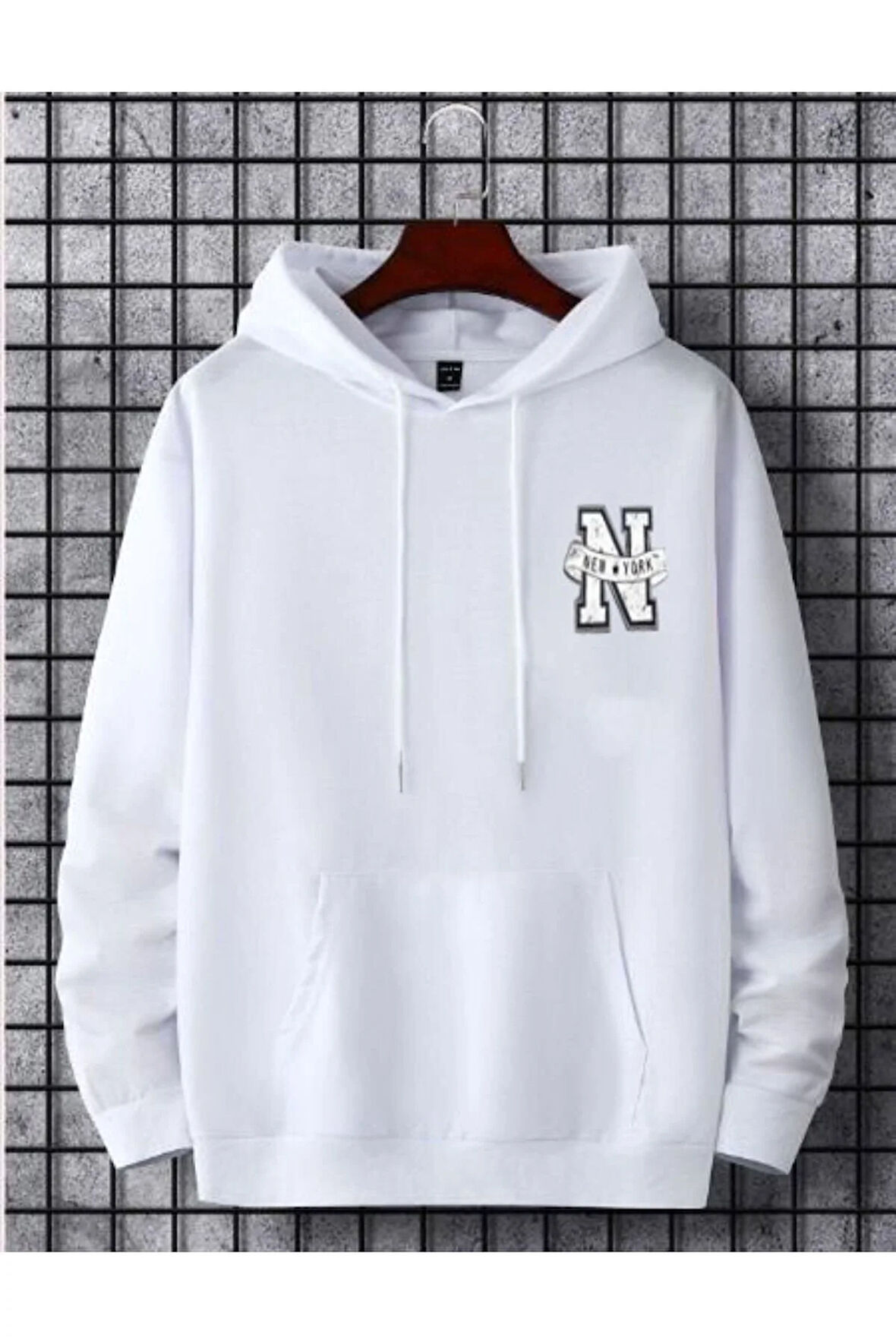 Erkek Beyaz New York Baskılı Kapüşonlu Sweatshirt